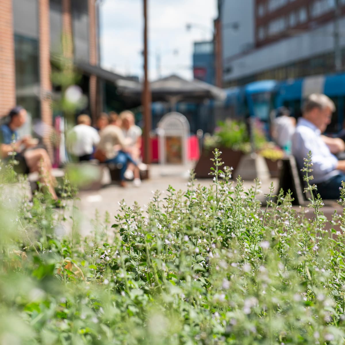 En grupp människor som sitter på en bänk bredvid en byggnad.