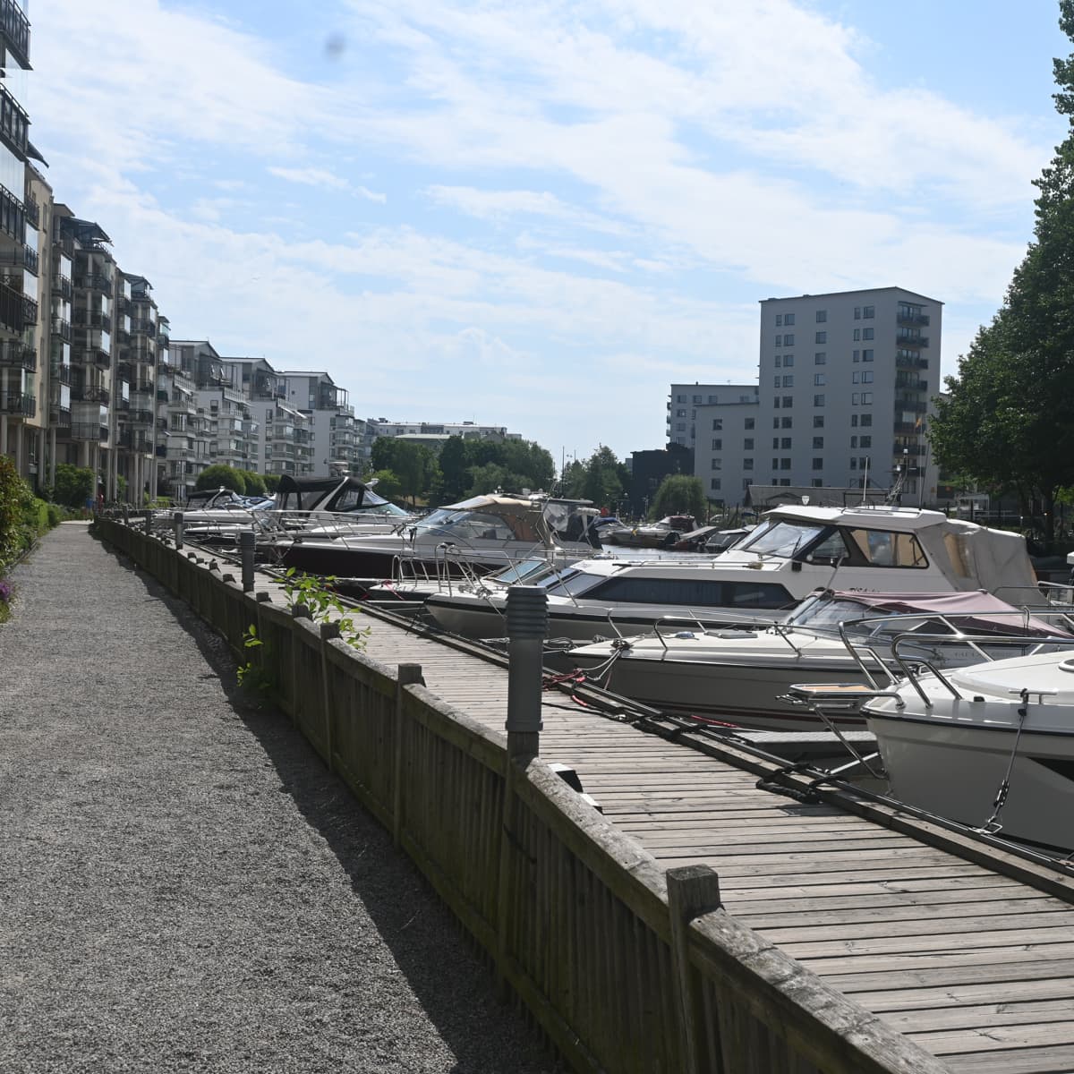 En rad båtar förtöjda vid en marina.