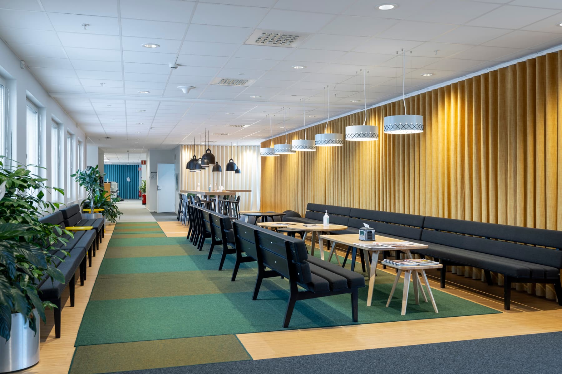 En restaurang med bord och stolar och en växt.