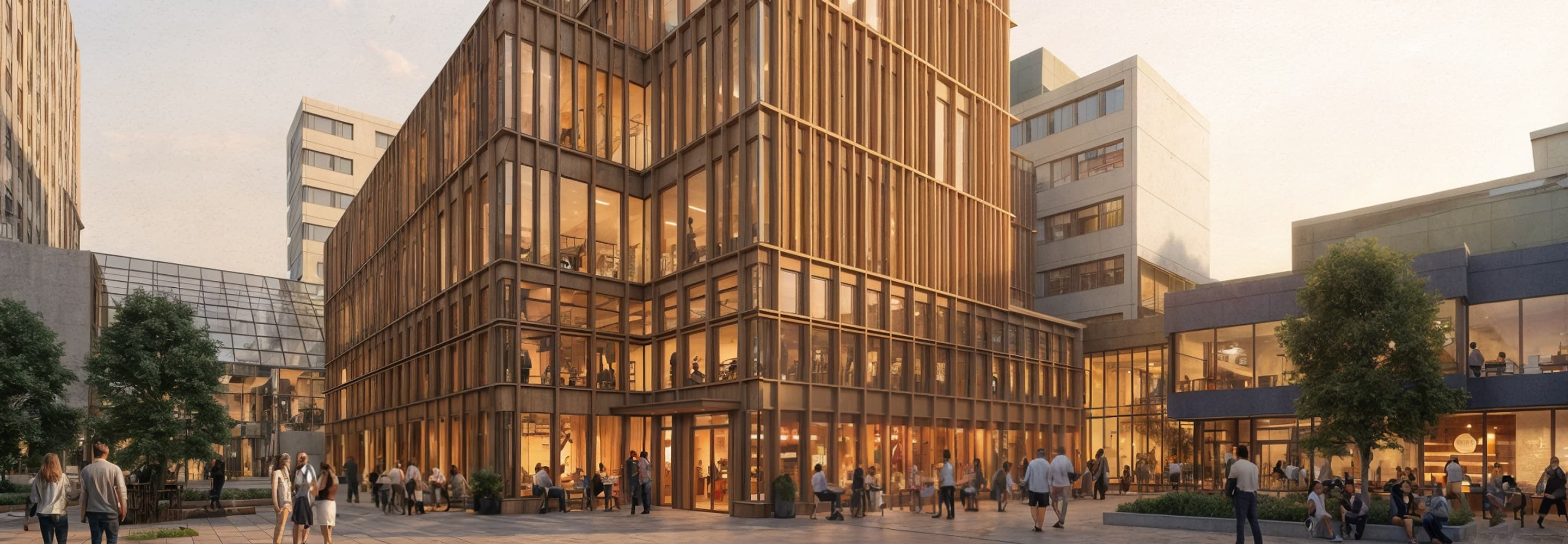 En stor byggnad med många människor som går runt den.