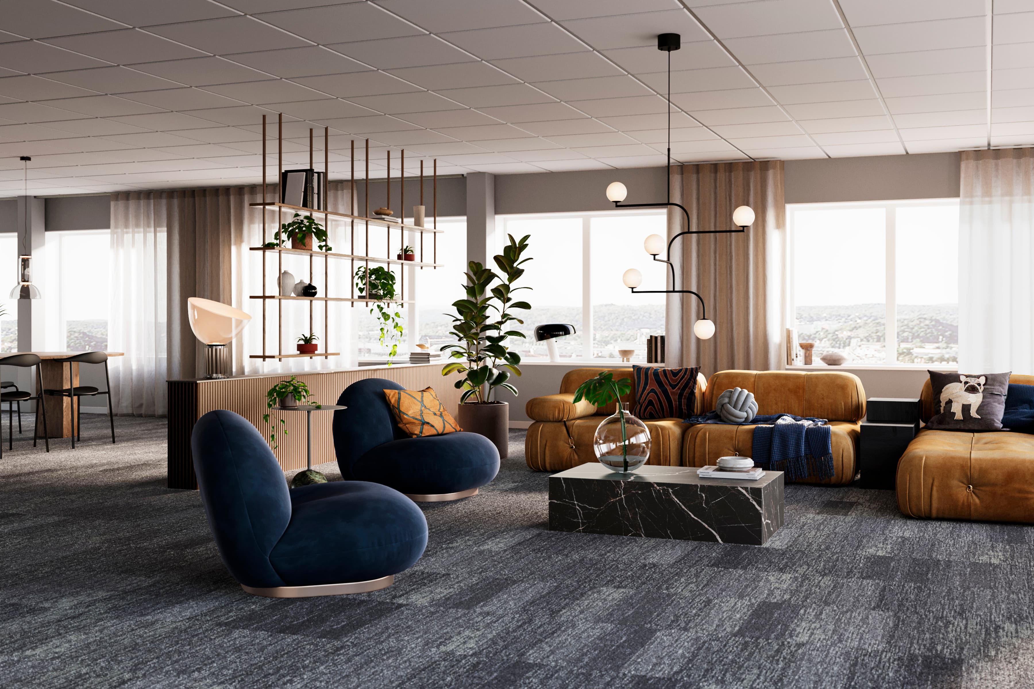 Ett kontor fyllt med möbler och ett stort fönster.