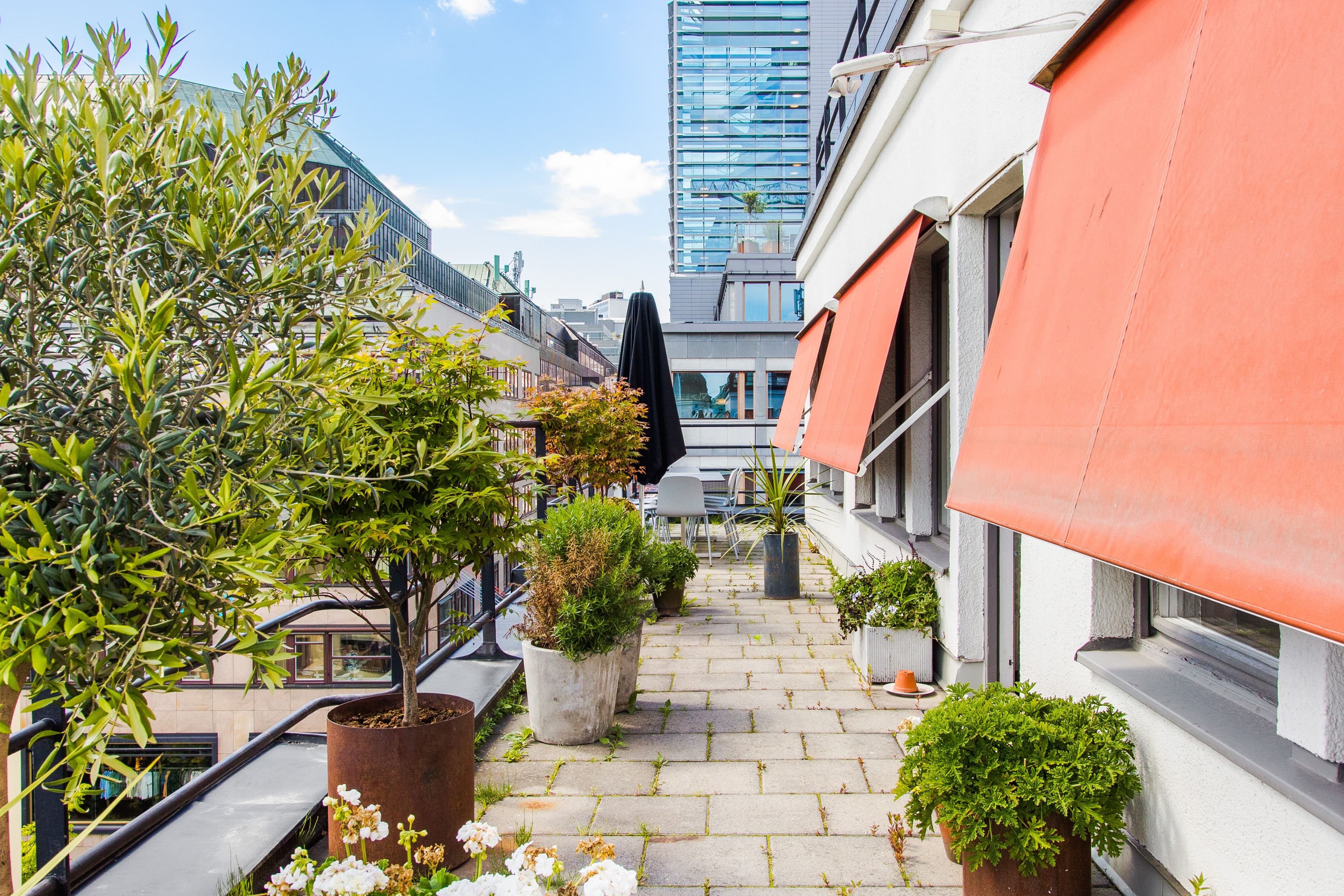 En tegelgång med krukväxter och en byggnad i bakgrunden.