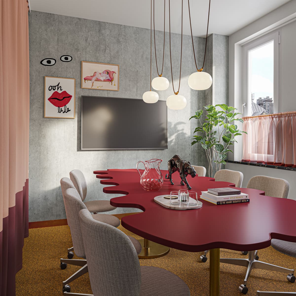 Ett konferensrum med ett rött bord och stolar.