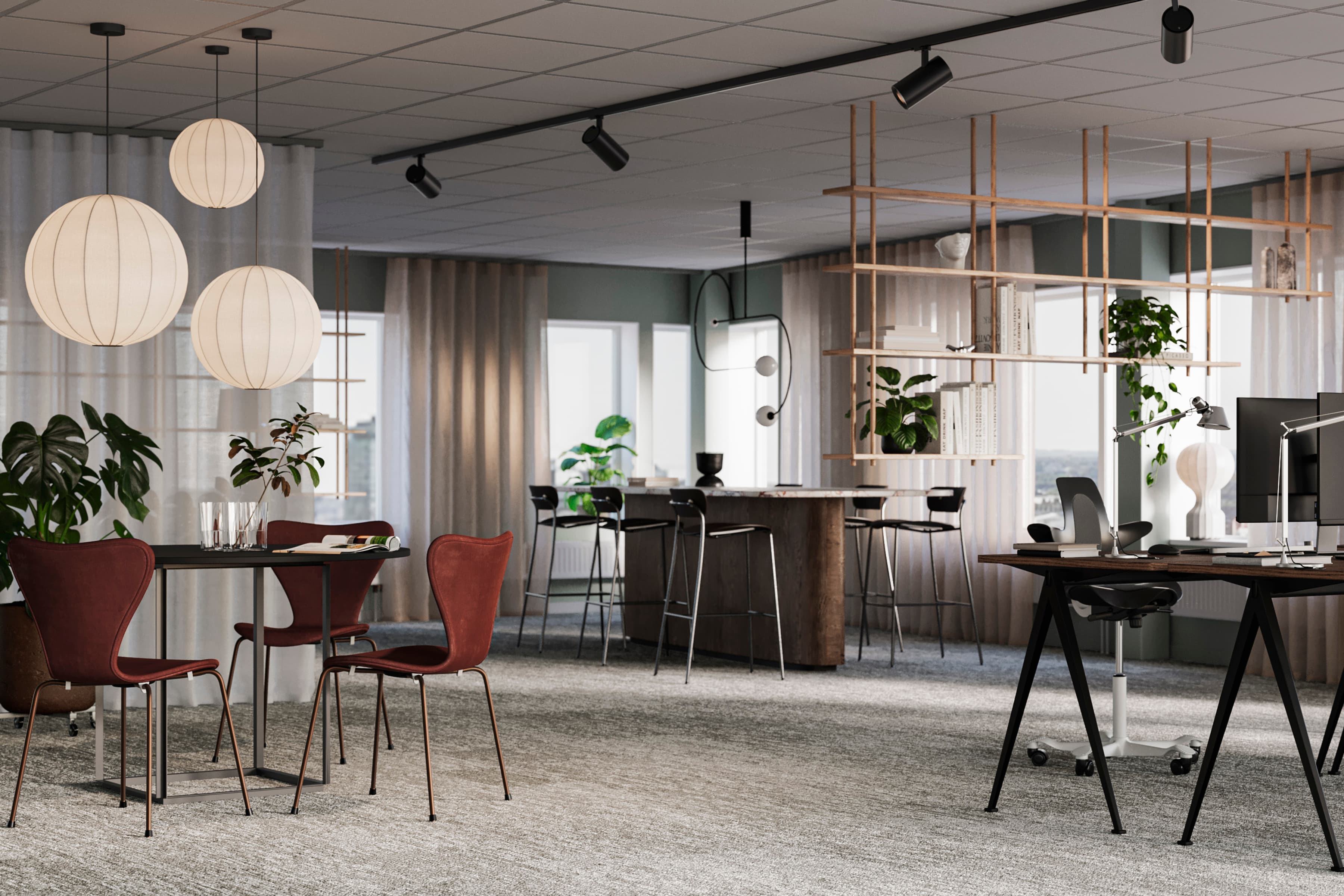 Ett kontor med många stolar och bord.