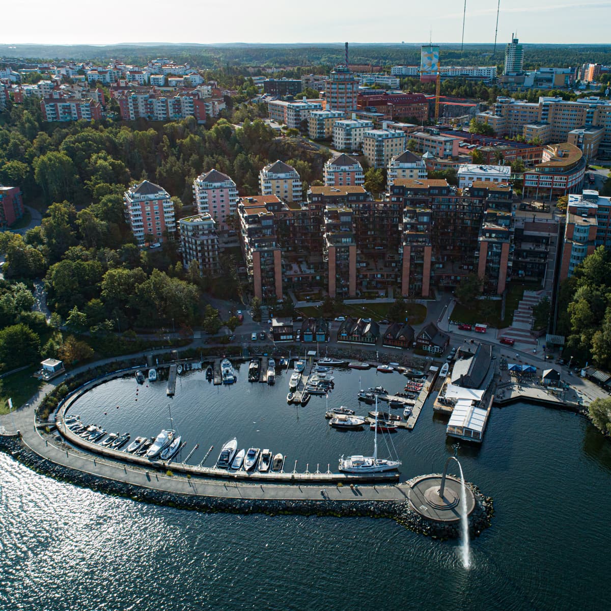 En flygbild av en marina med båtar i vattnet.