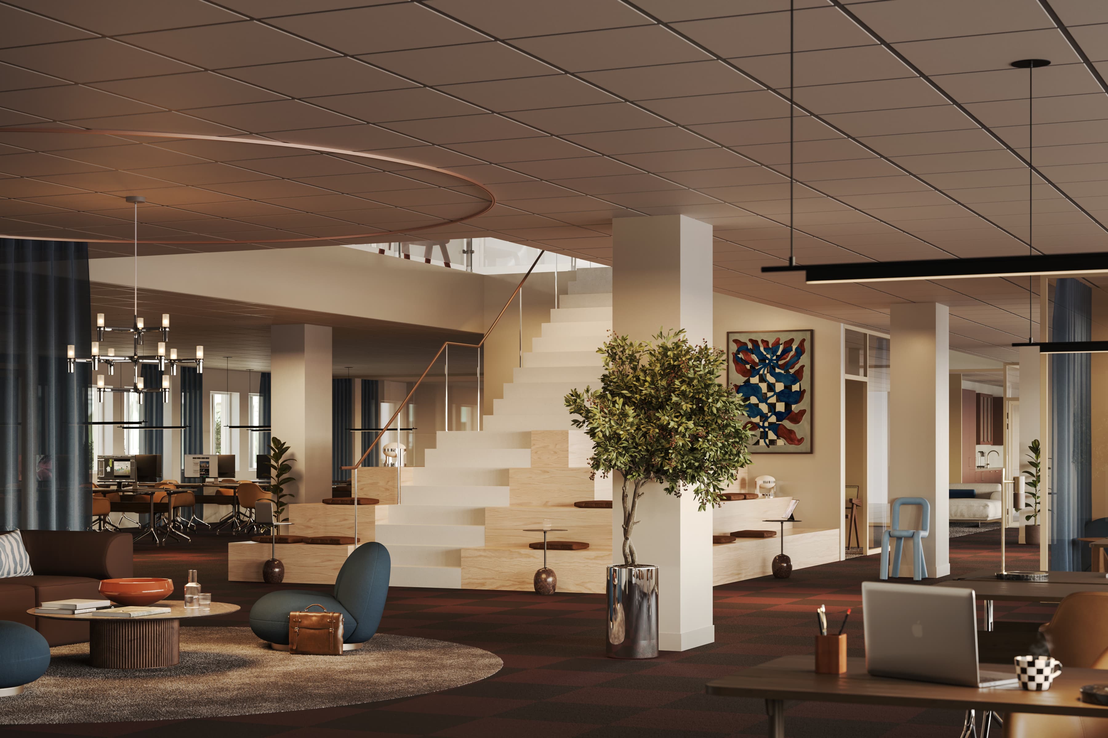 Ett vardagsrum fyllt med möbler och en spiraltrappa.