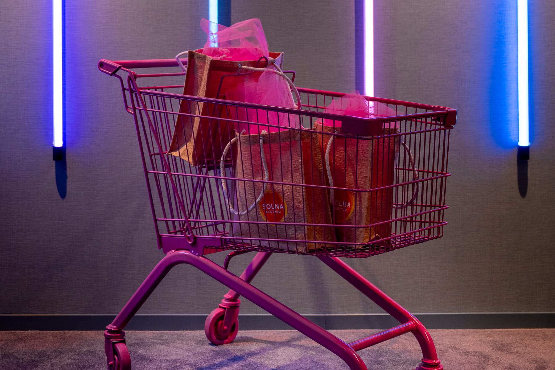 En kundvagn med en rosa påse i.