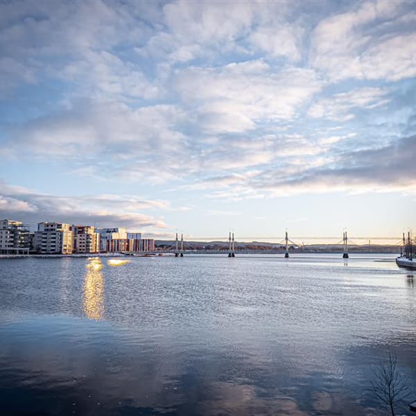 Ett vattendrag med en bro i bakgrunden.