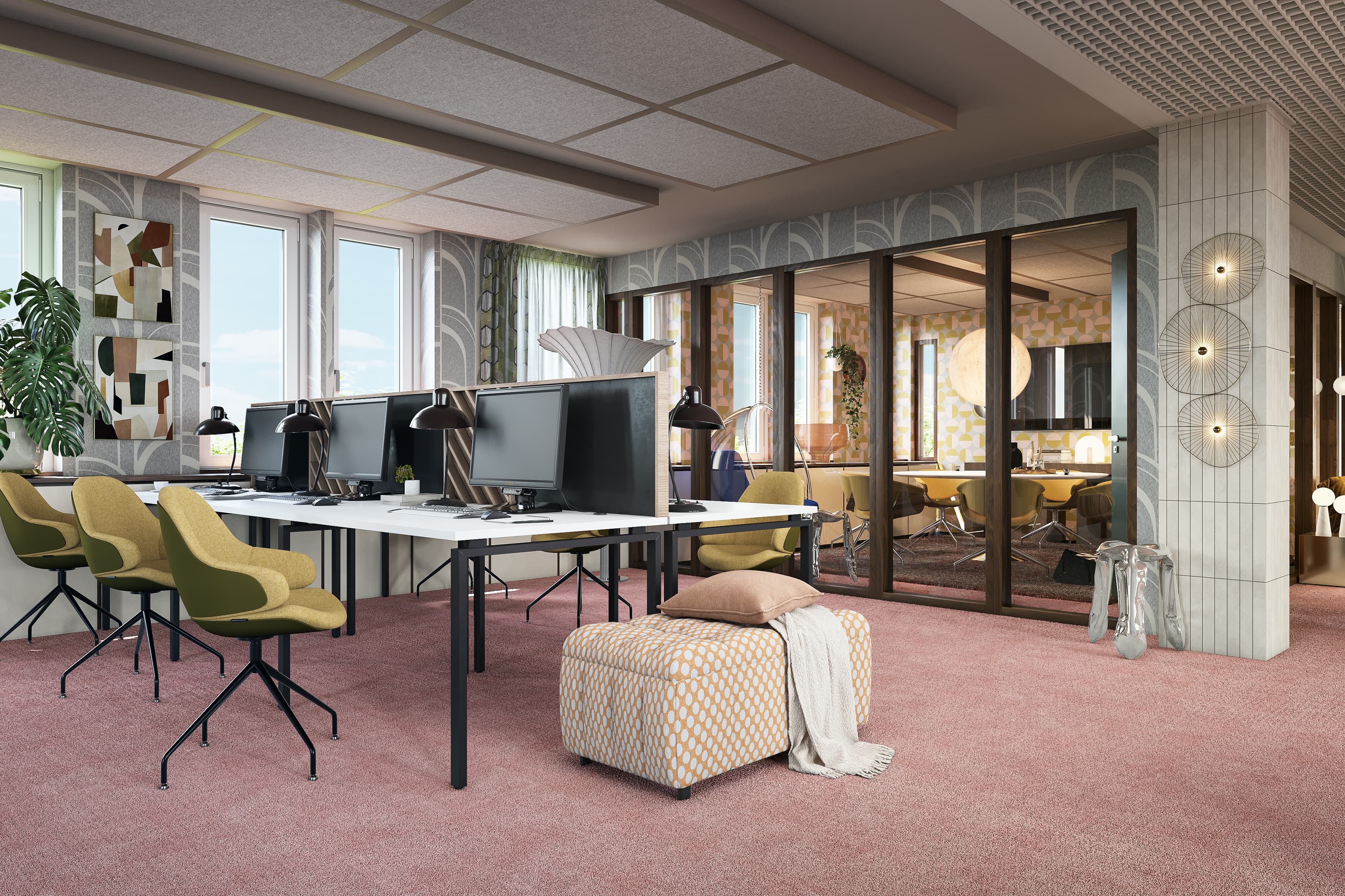 Ett rum med bord, stolar och TV.