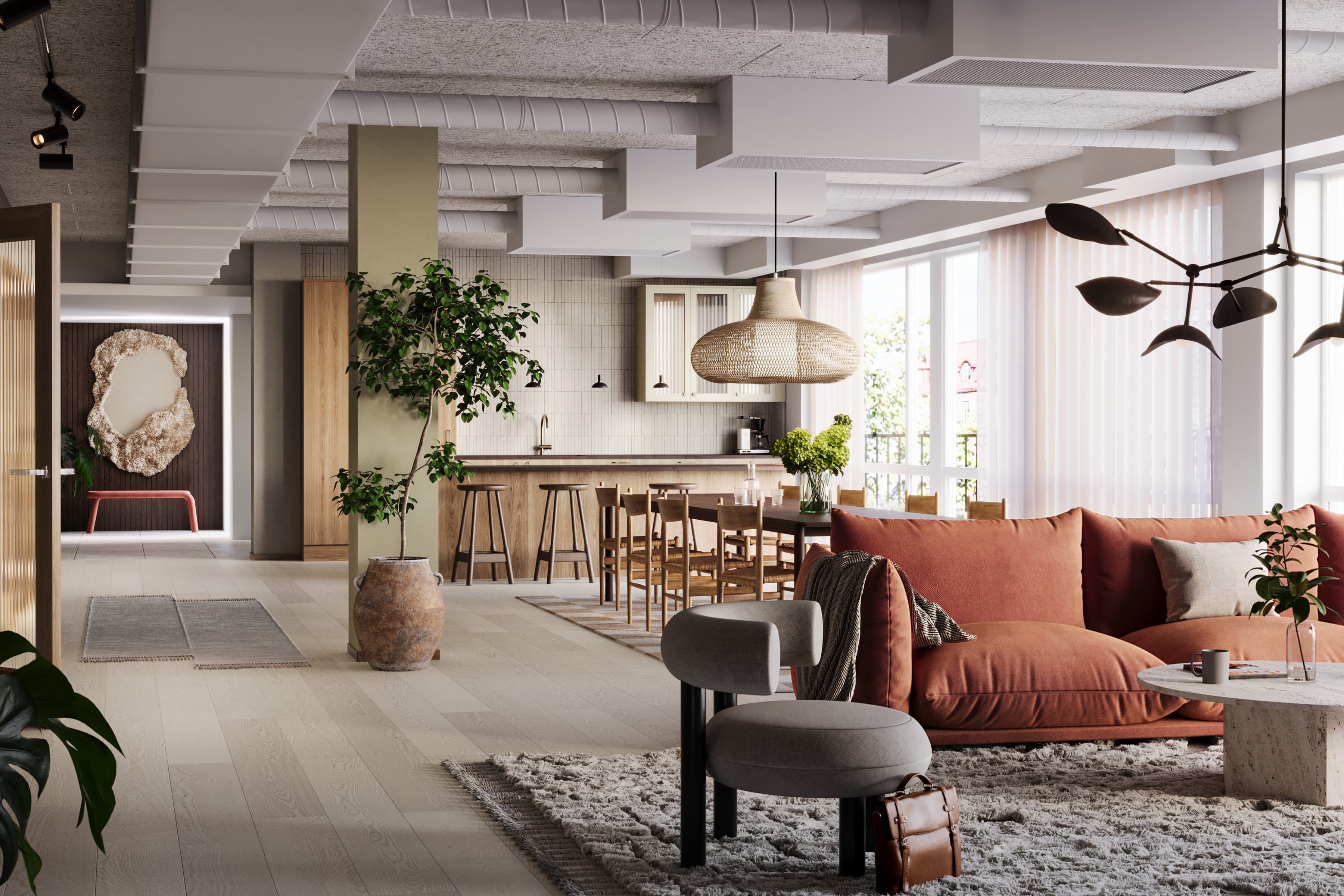 Ett vardagsrum fyllt med möbler och många fönster.