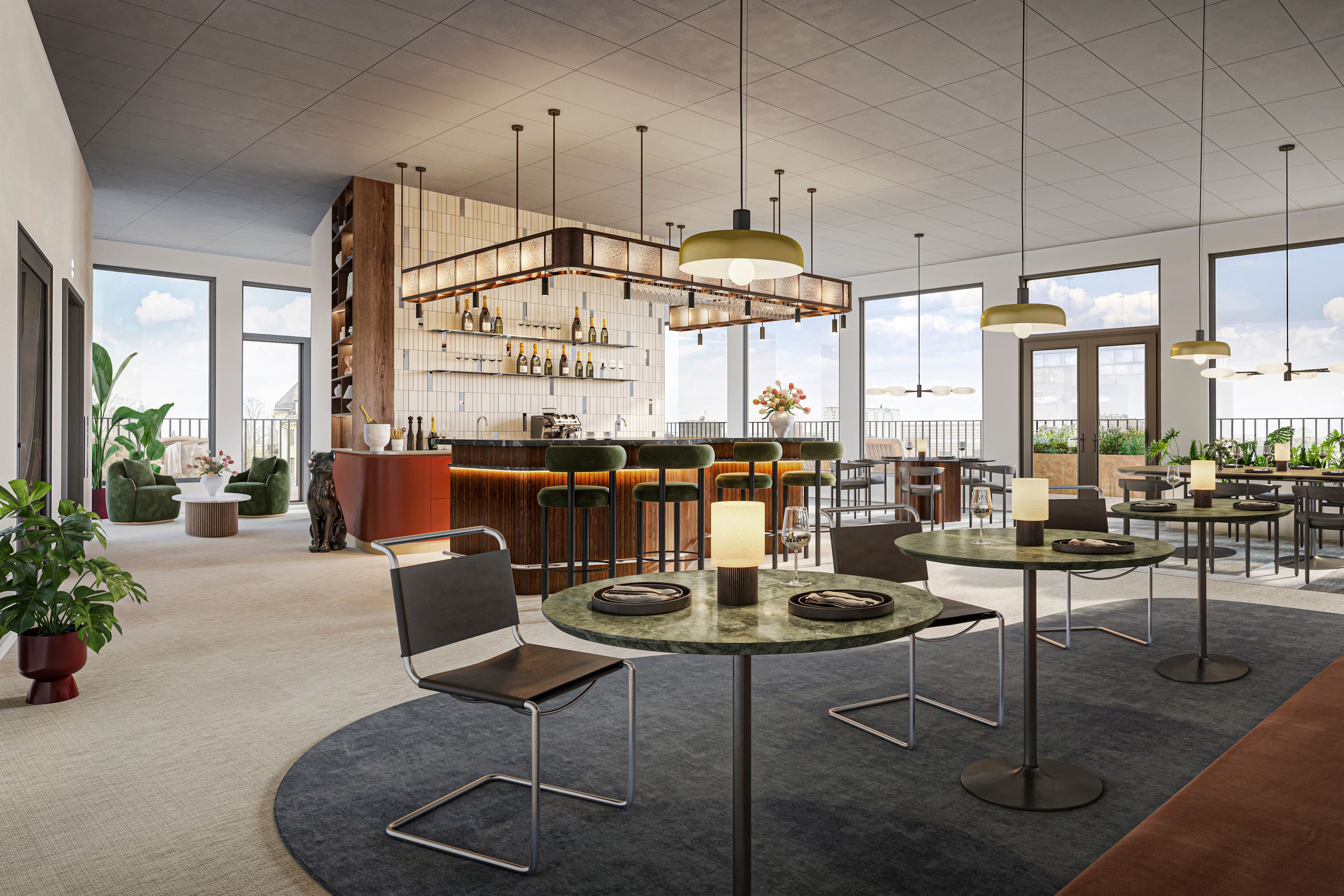 Ett rum med bar, stolar, bord och krukväxter.