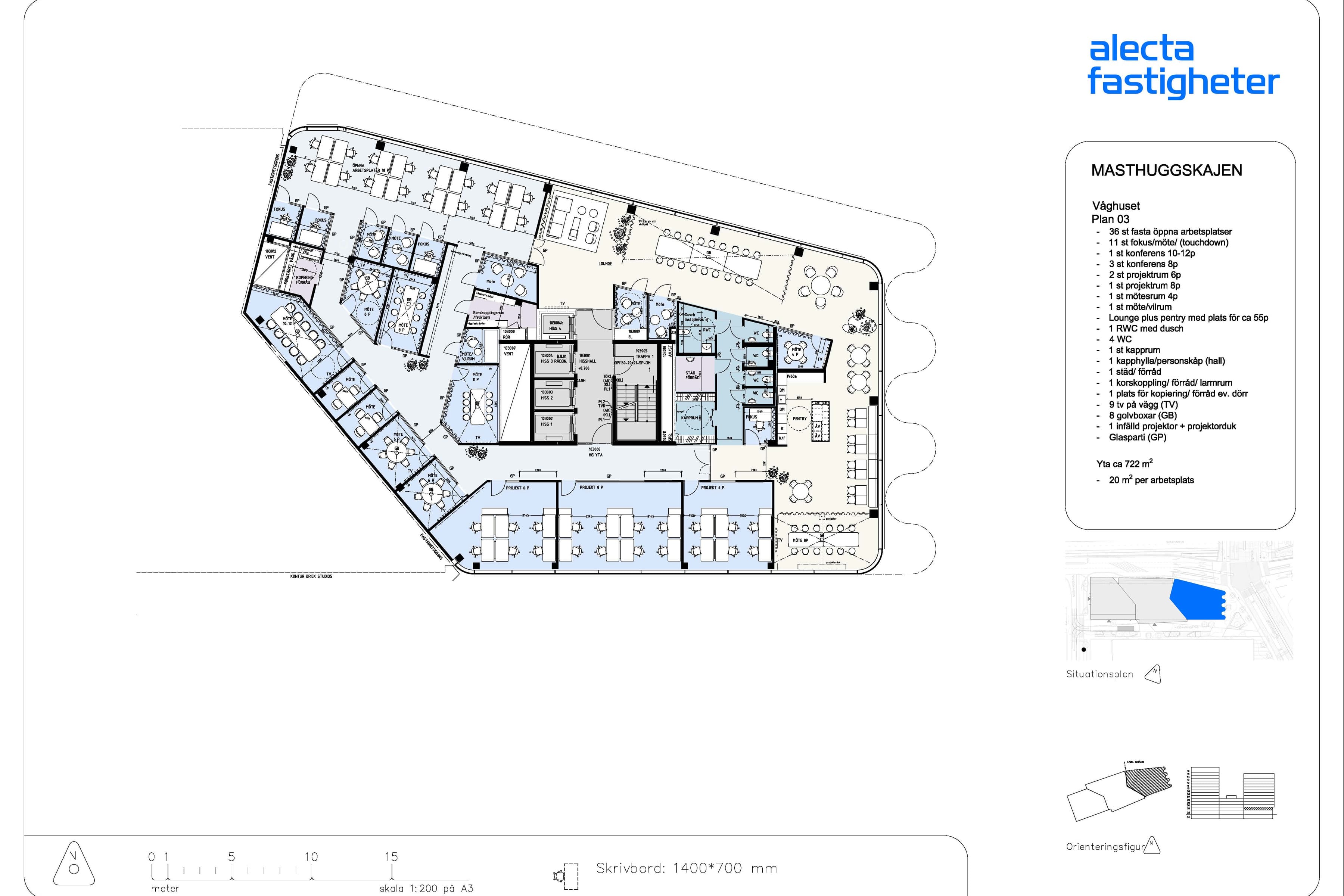 Planritningen för en byggnad med flera rum.