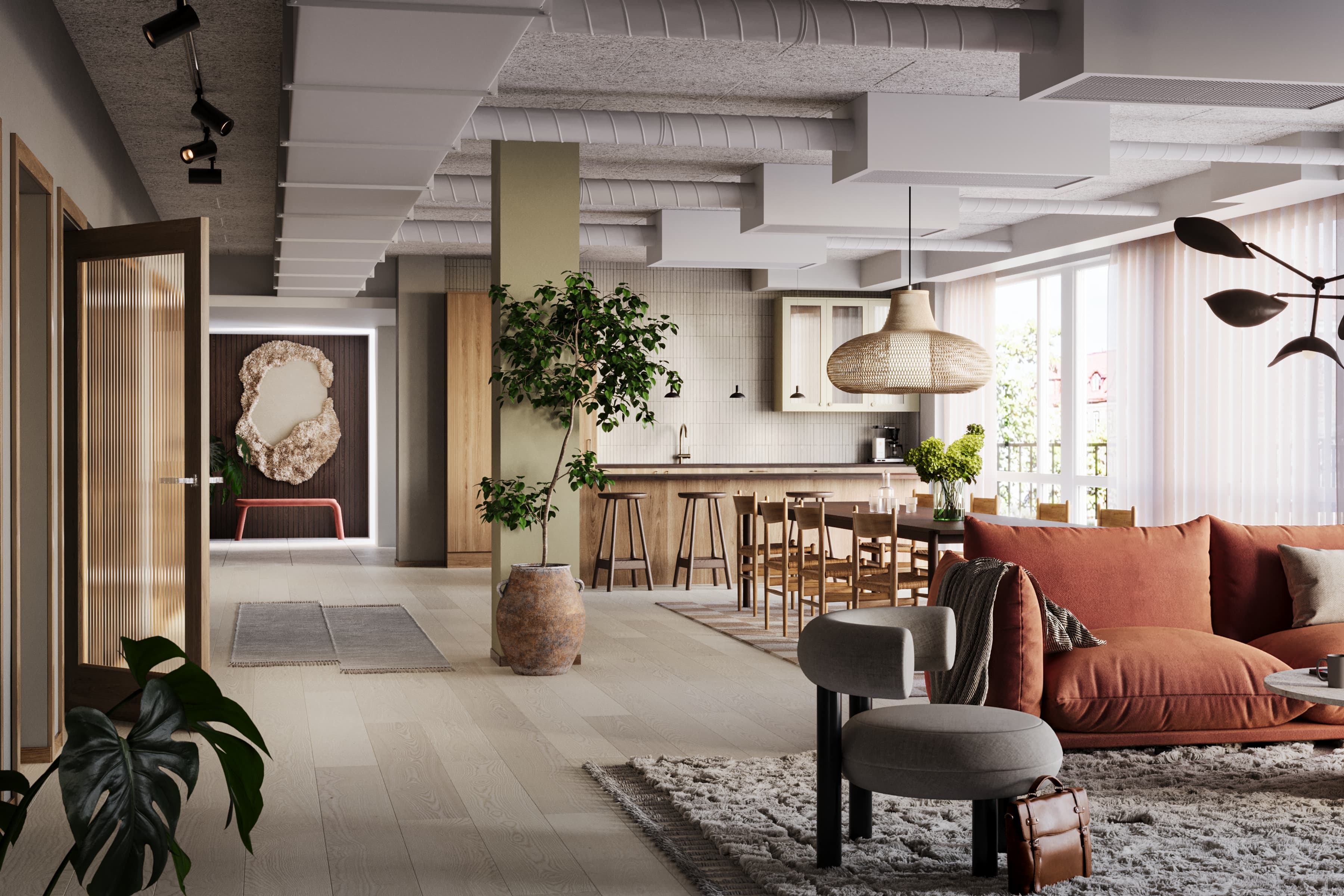 Ett vardagsrum fyllt med möbler och många fönster.