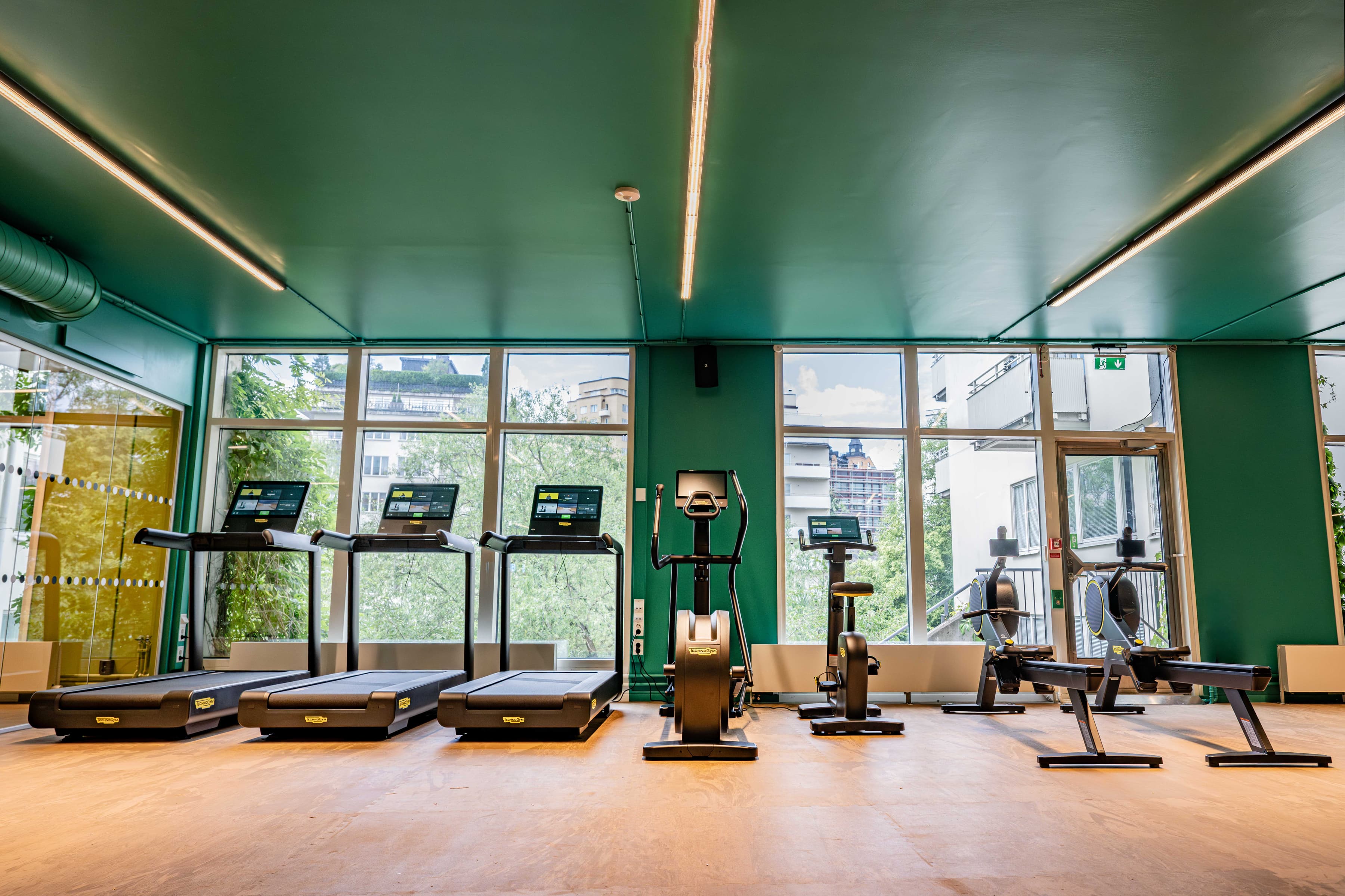 Ett gym med löpband och träningsmaskiner.