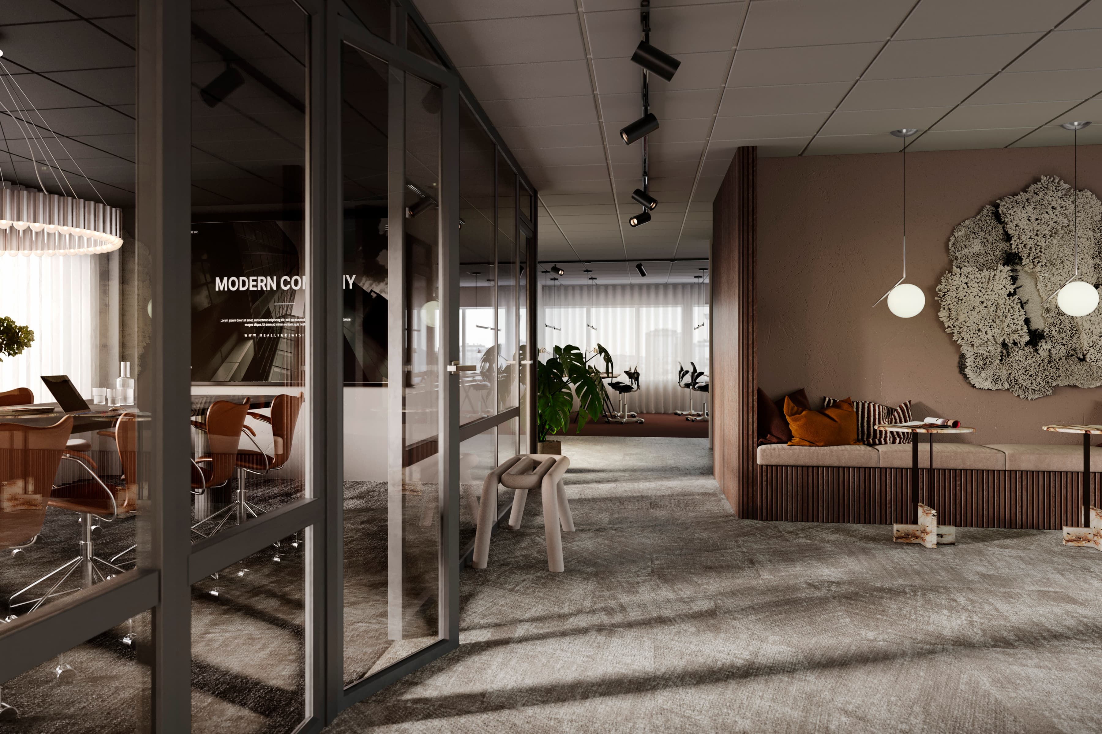 Ett rum med många bord och stolar.