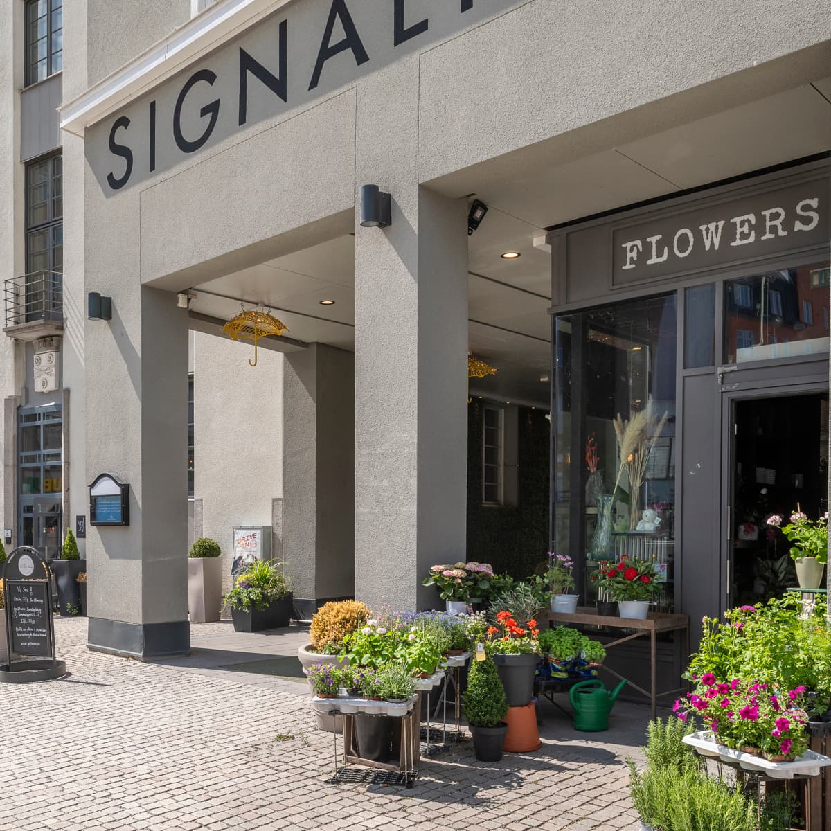 En blomsteraffär på en kullerstensgata i en stad.