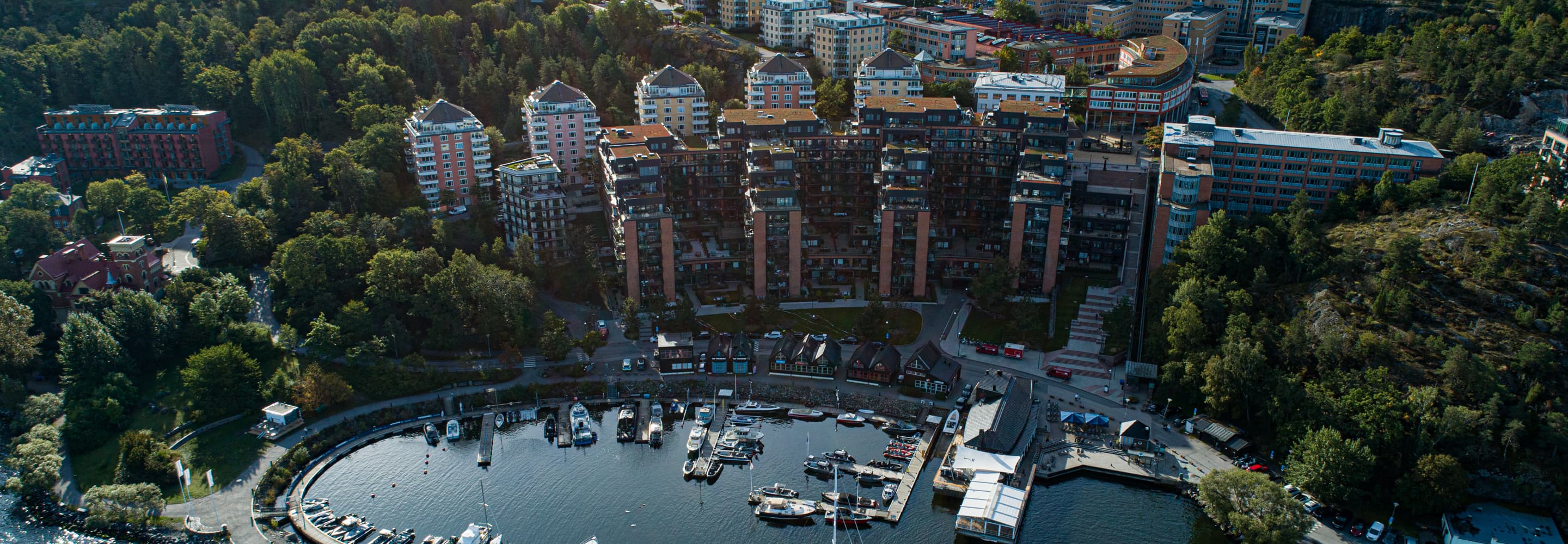 En flygbild av en marina med båtar i vattnet.