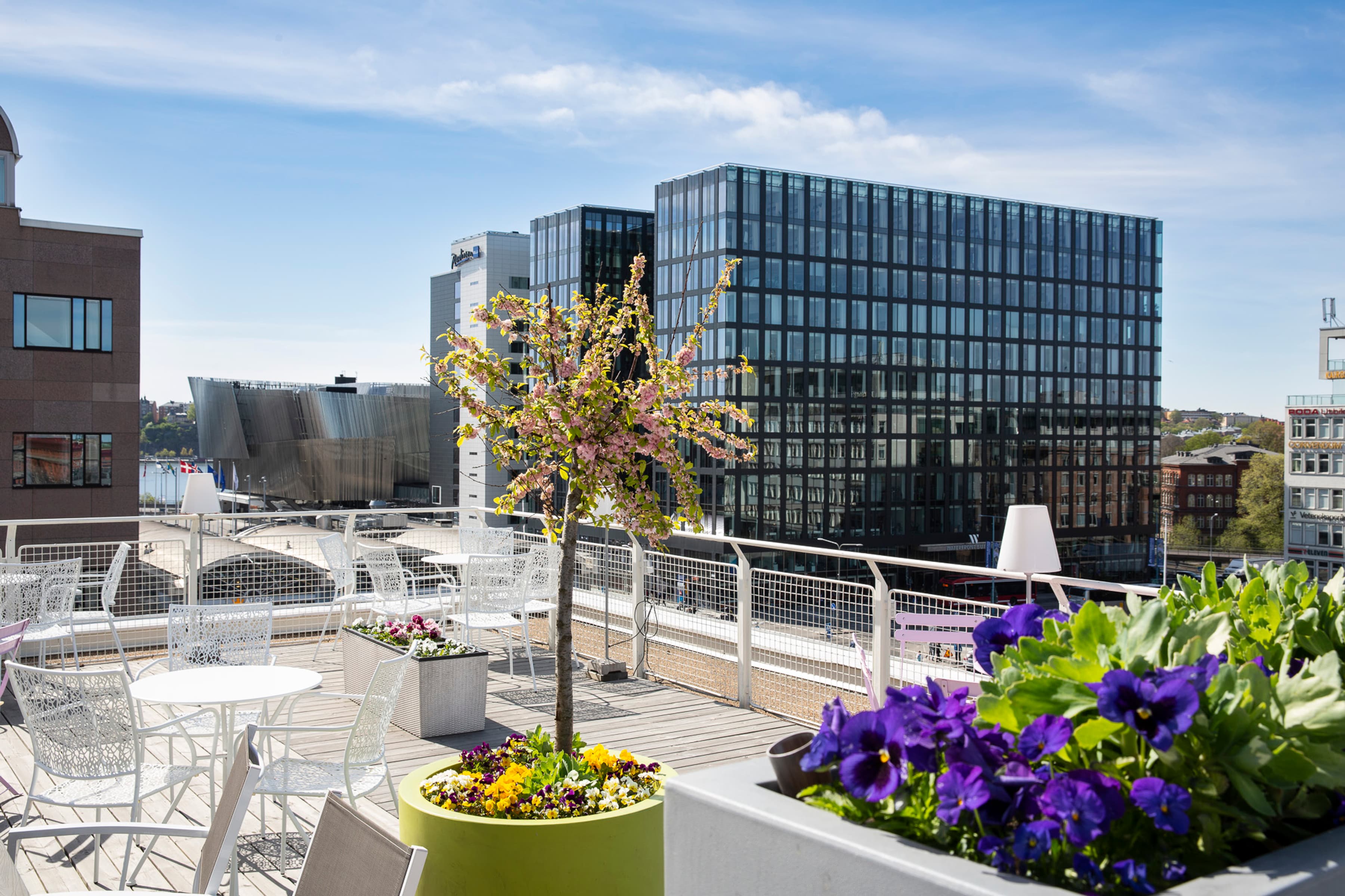 En kruka fylld med blommor på toppen av ett tak.