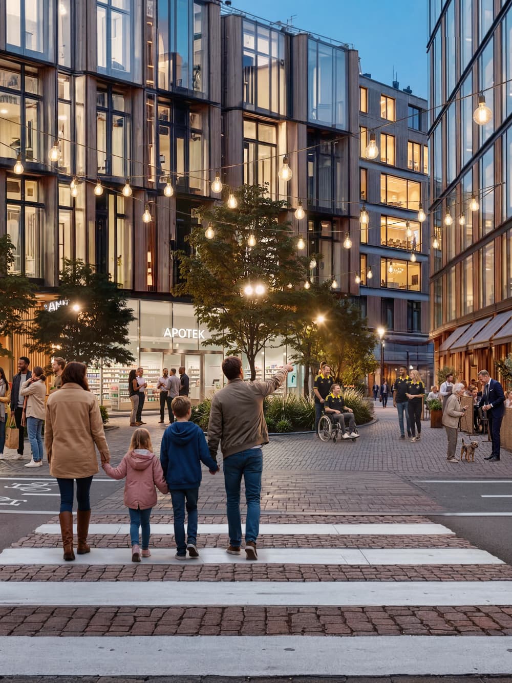 En grupp människor som går över ett övergångsställe.