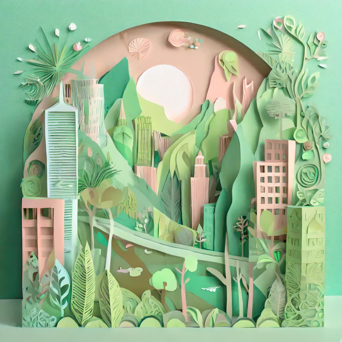 Ett pappersklipp av en stad med träd och byggnader.