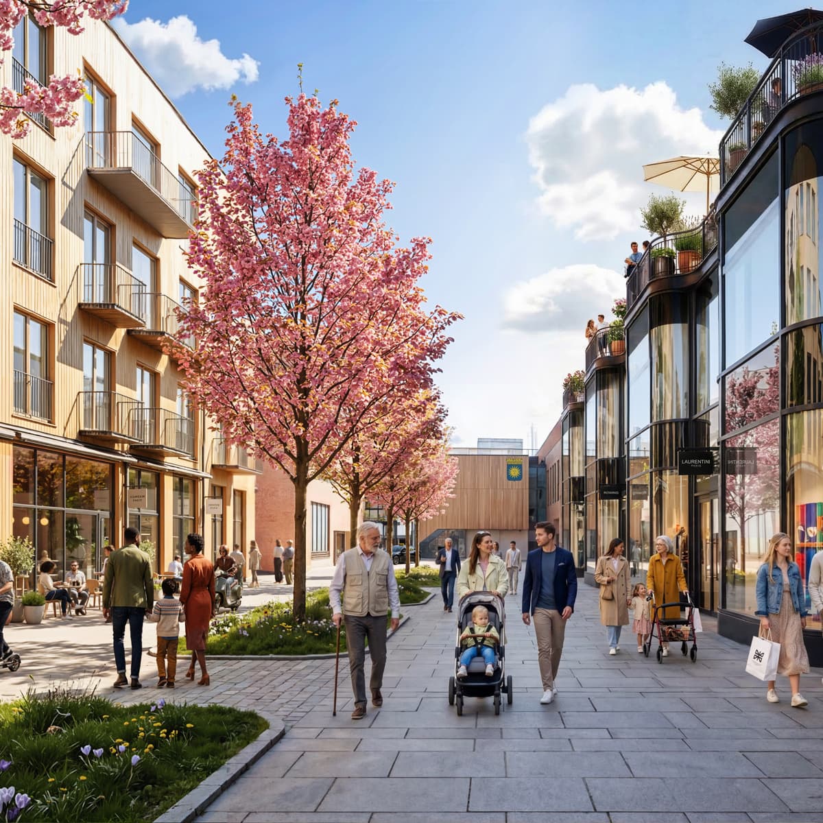 En grupp människor som går på en trottoar bredvid höga byggnader.