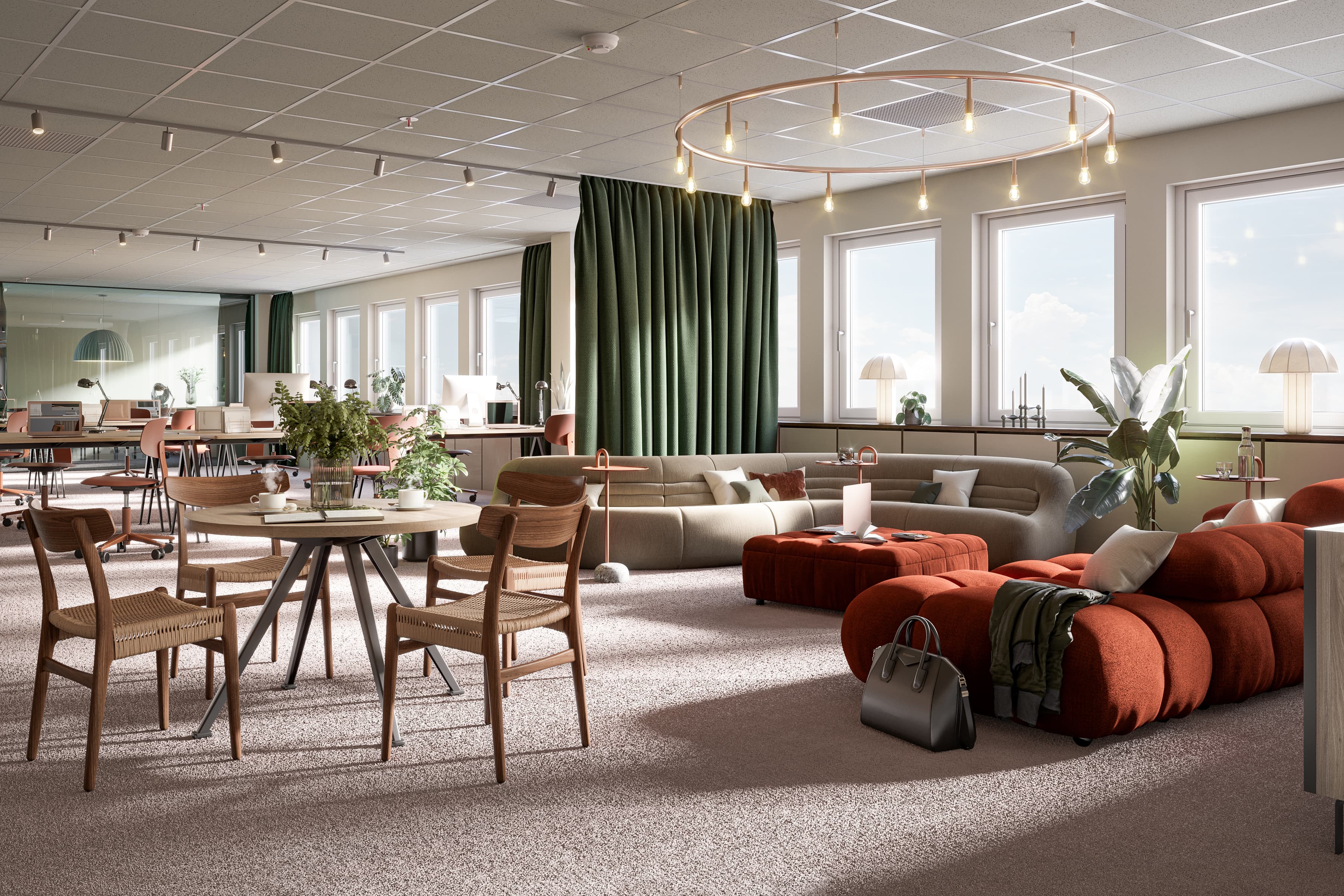 Ett kontor fyllt med möbler och många fönster.