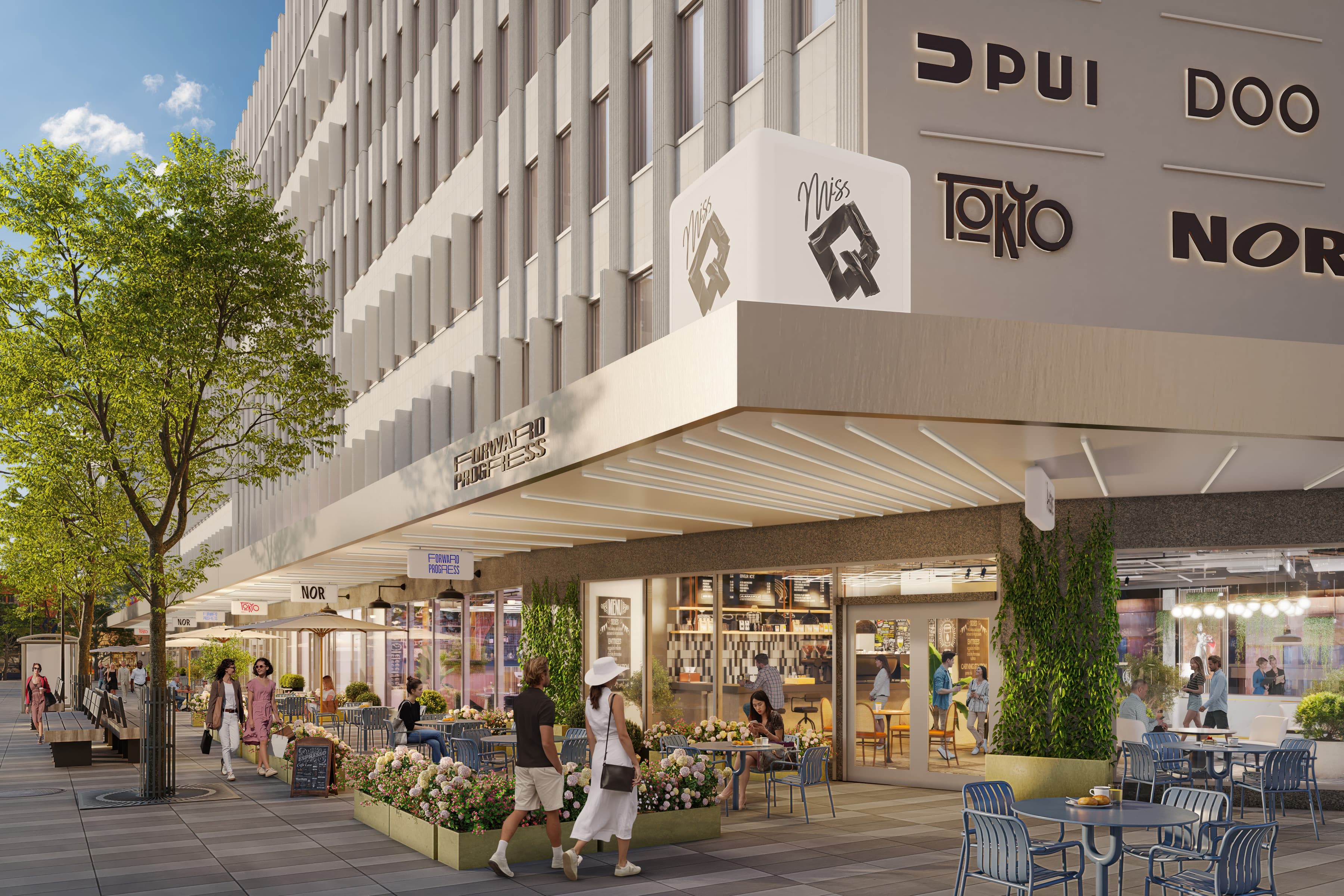 En återgivning av ett kvarter i en stad.