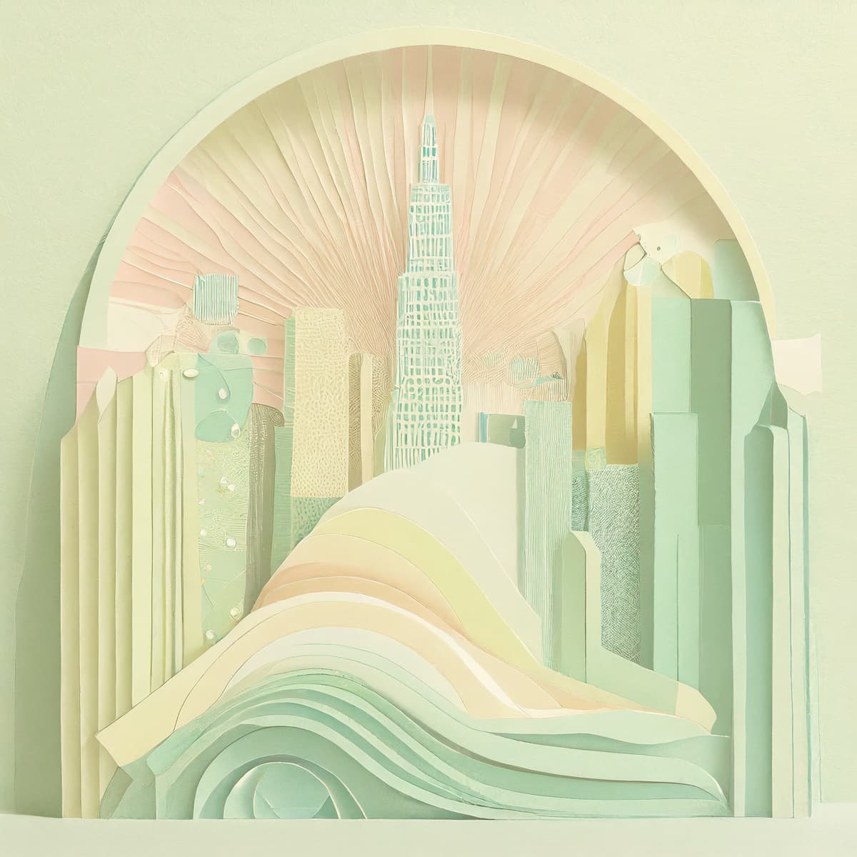 En målning av en stad med en hög byggnad i bakgrunden.