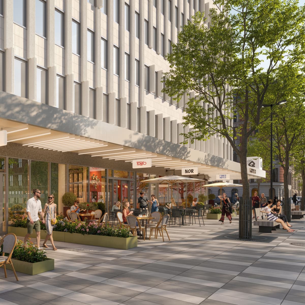 En konstnärs återgivning av en livlig stadsgata.