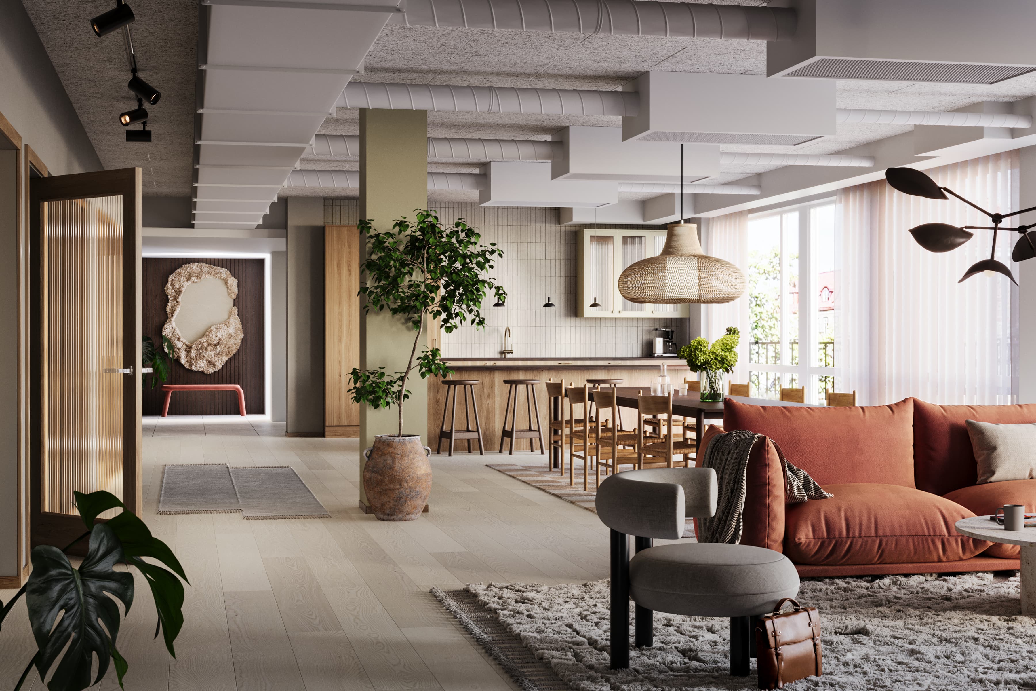 Ett vardagsrum fyllt med möbler och många fönster.