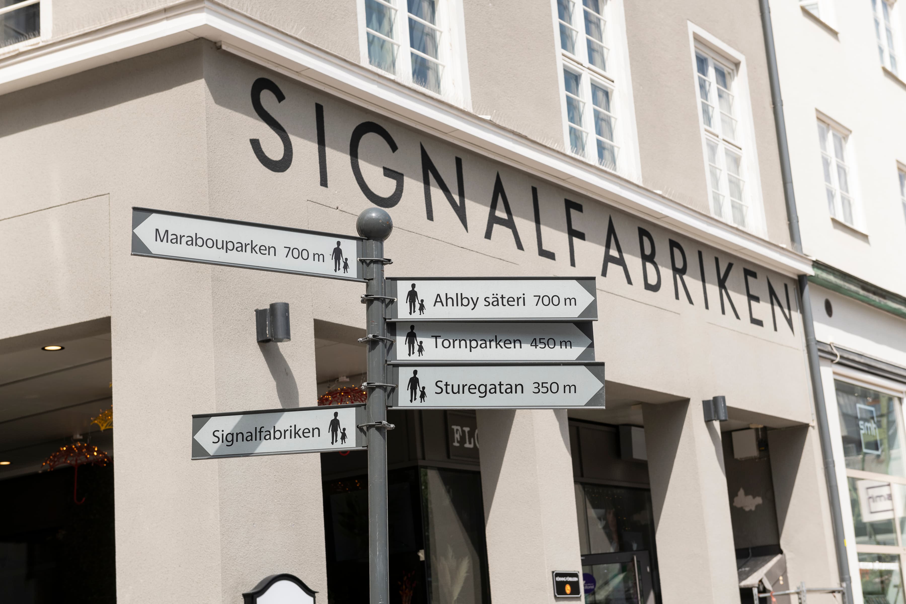 En gatuskylt på en stolpe framför en byggnad.