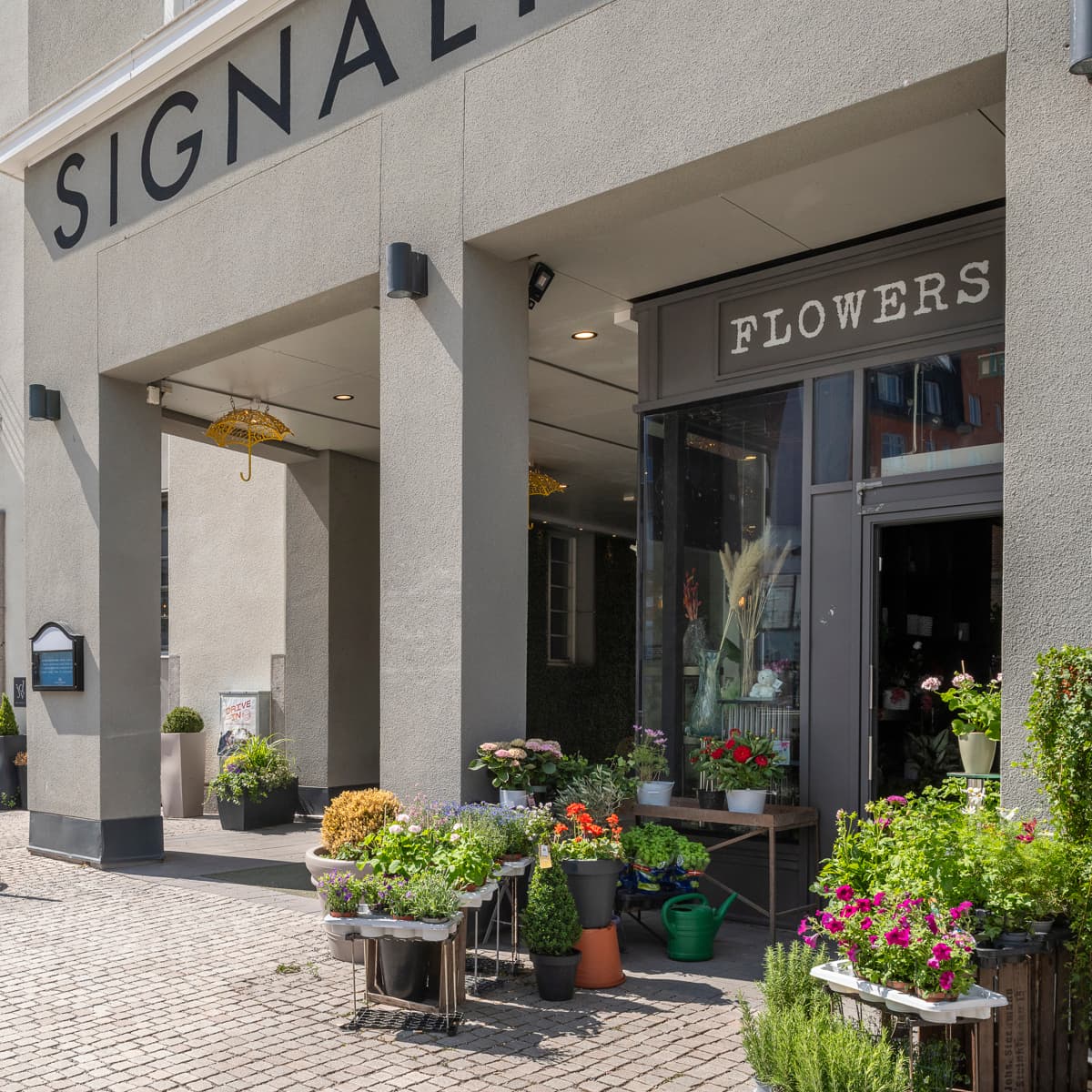 En blomsteraffär på en kullerstensgata i en stad.