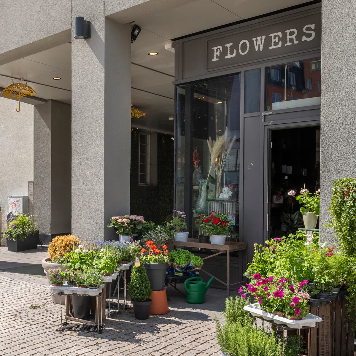 En blomsteraffär på en kullerstensgata i en stad.