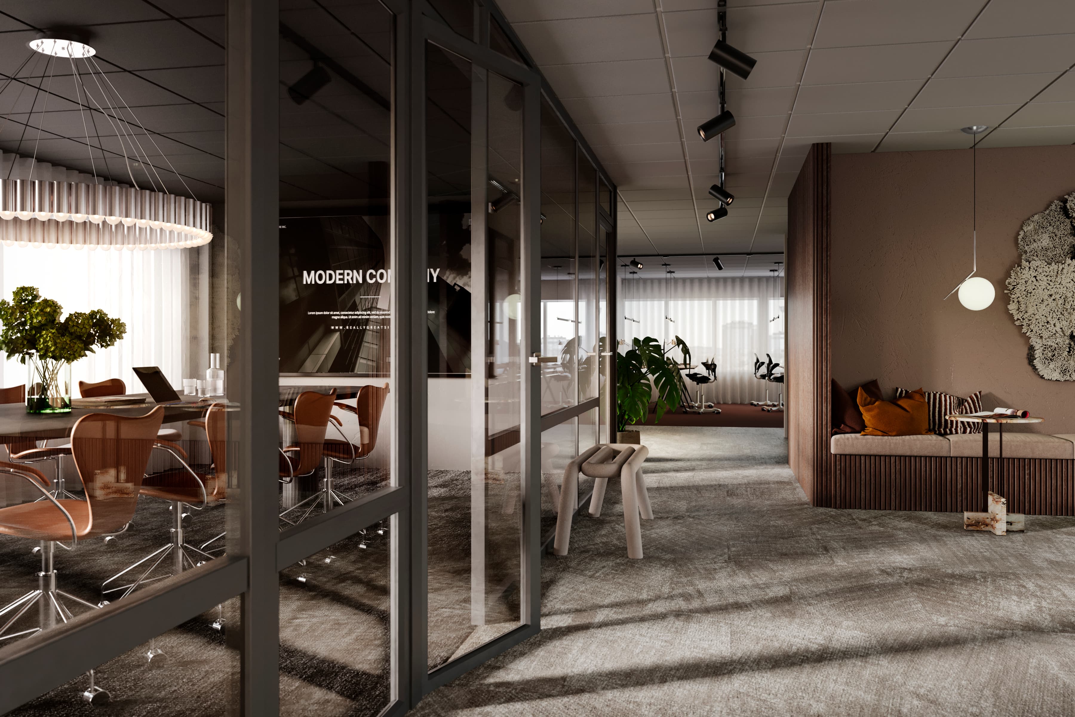 Ett rum med många bord och stolar.