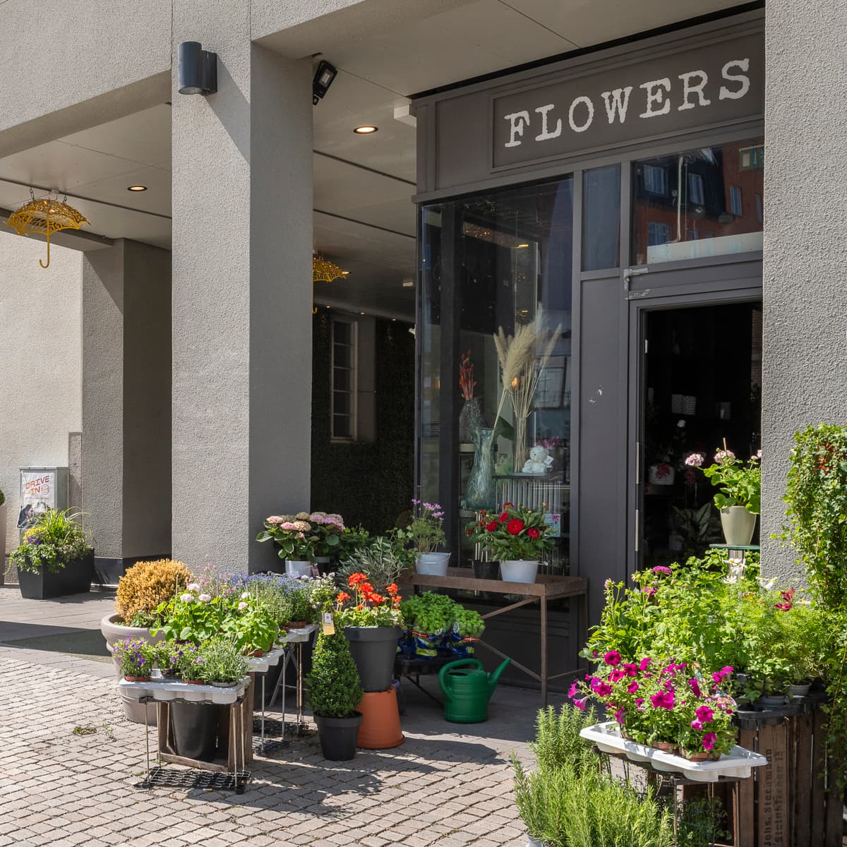 En blomsteraffär på en kullerstensgata i en stad.