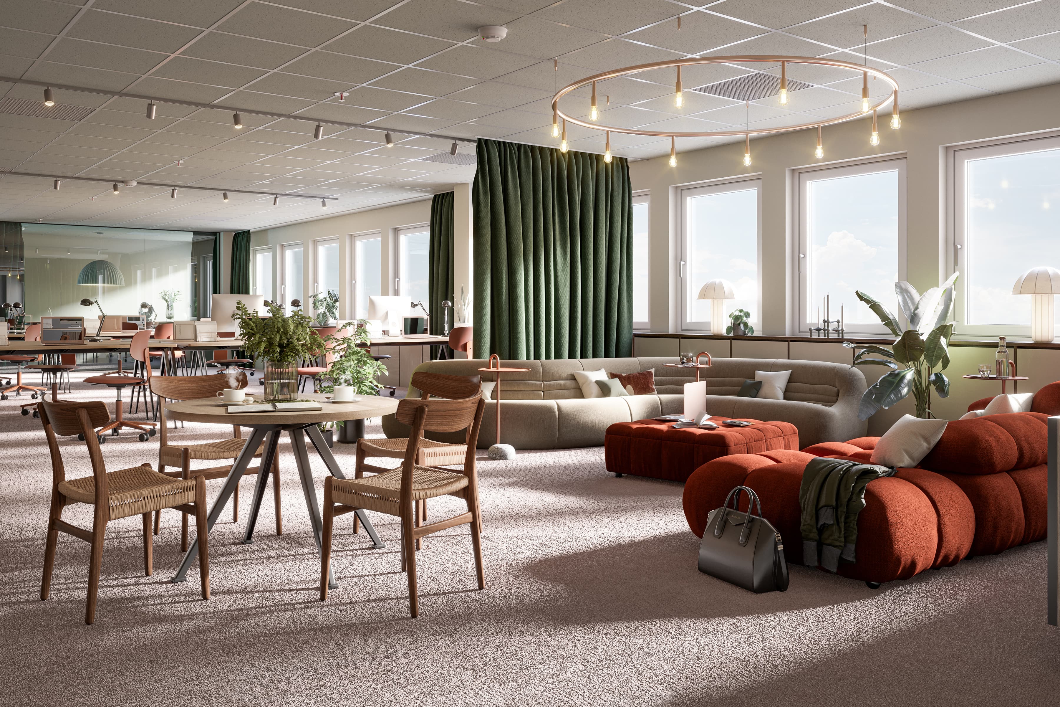 Ett vardagsrum fyllt med möbler och många fönster.