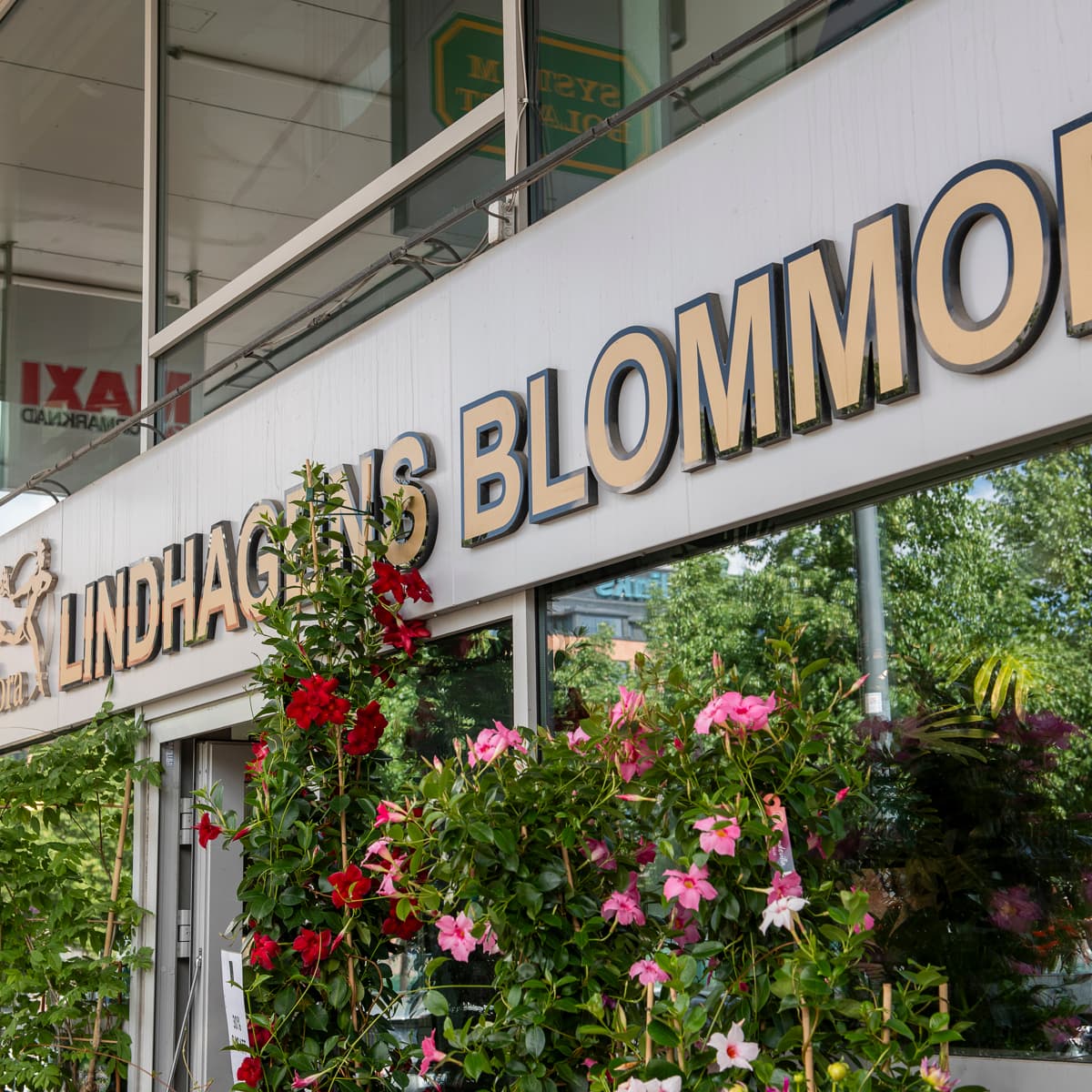 En byggnad som har en massa blommor framför sig.