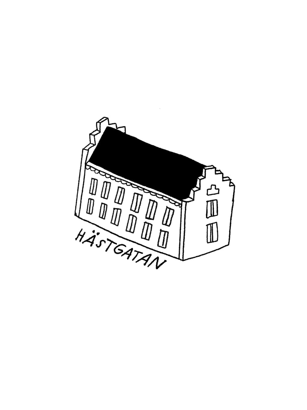 En svartvit teckning av en byggnad.