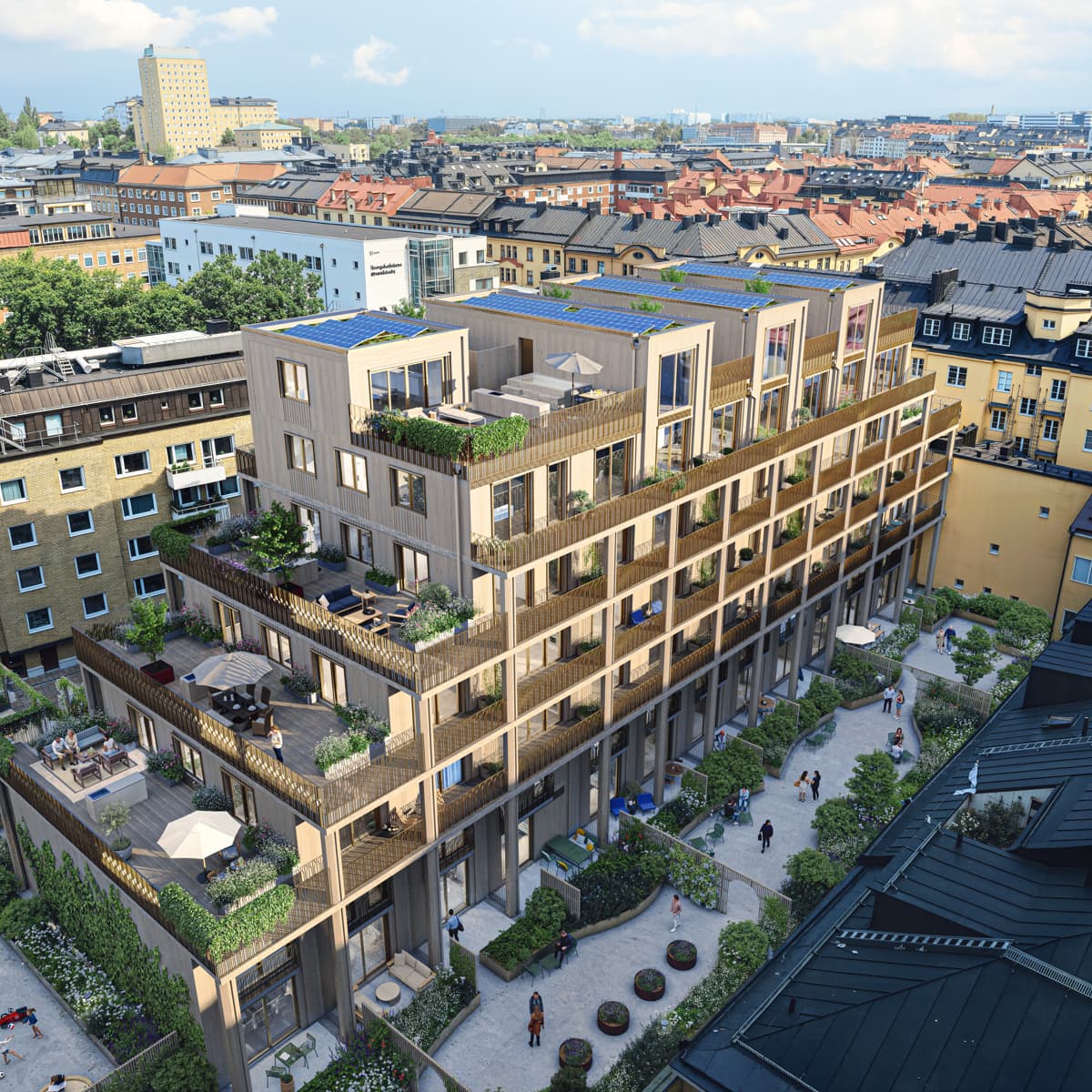 En flygbild av en stad med många byggnader.