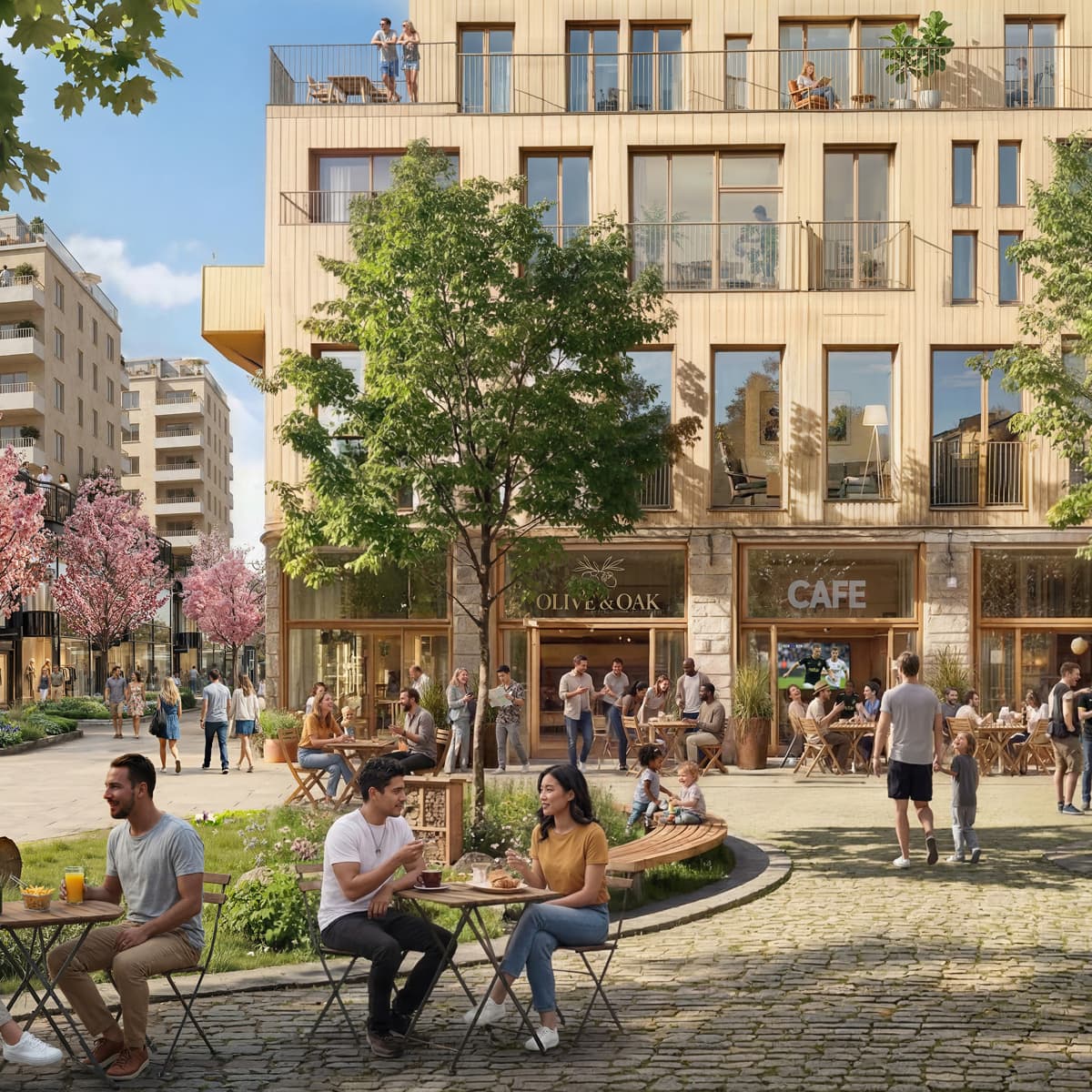 En grupp människor som sitter och står runt en park.