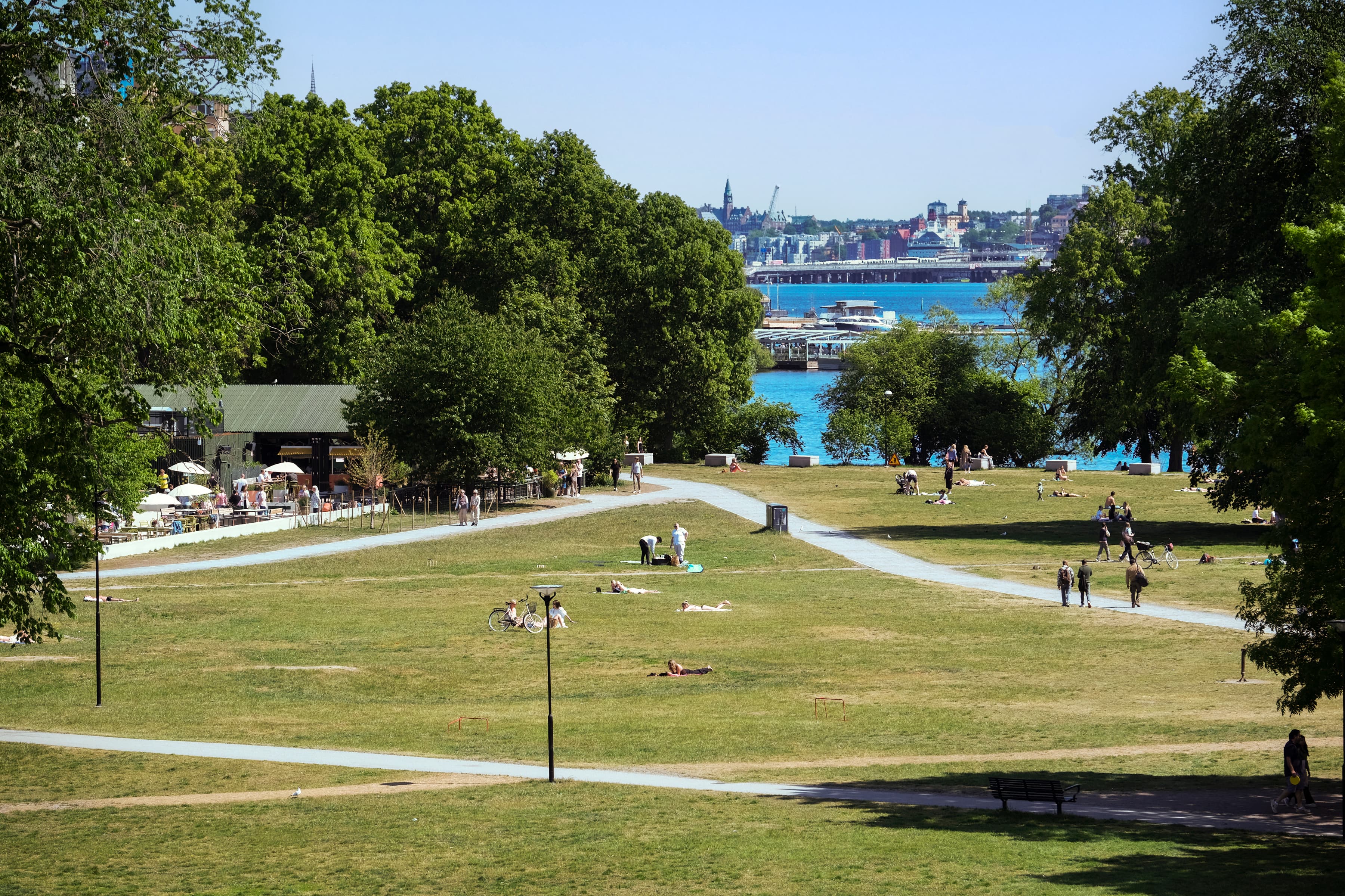 En park med människor som går och sitter på gräset.