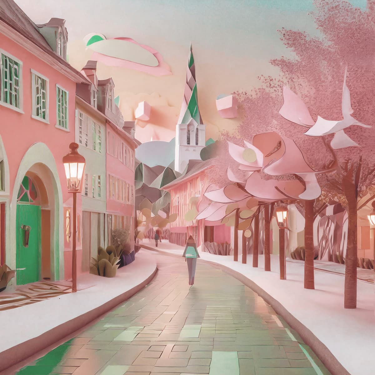 En målning av en person som går längs en gata.