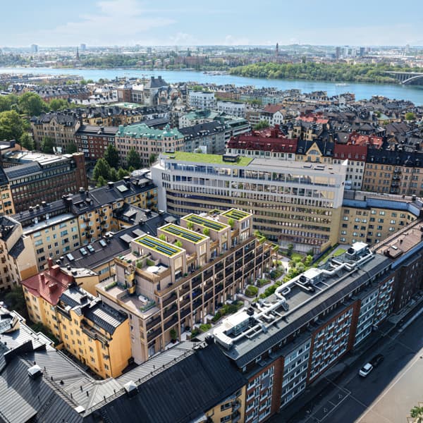 En flygbild över Kungsholmen med många byggnader.