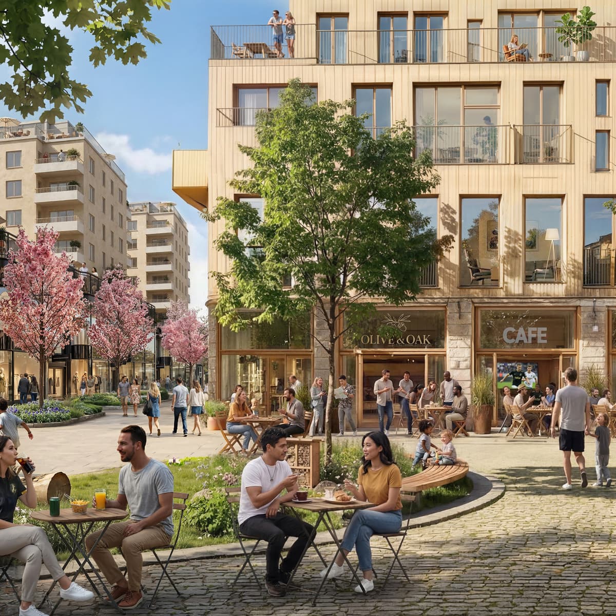 En grupp människor som sitter och står runt en park.