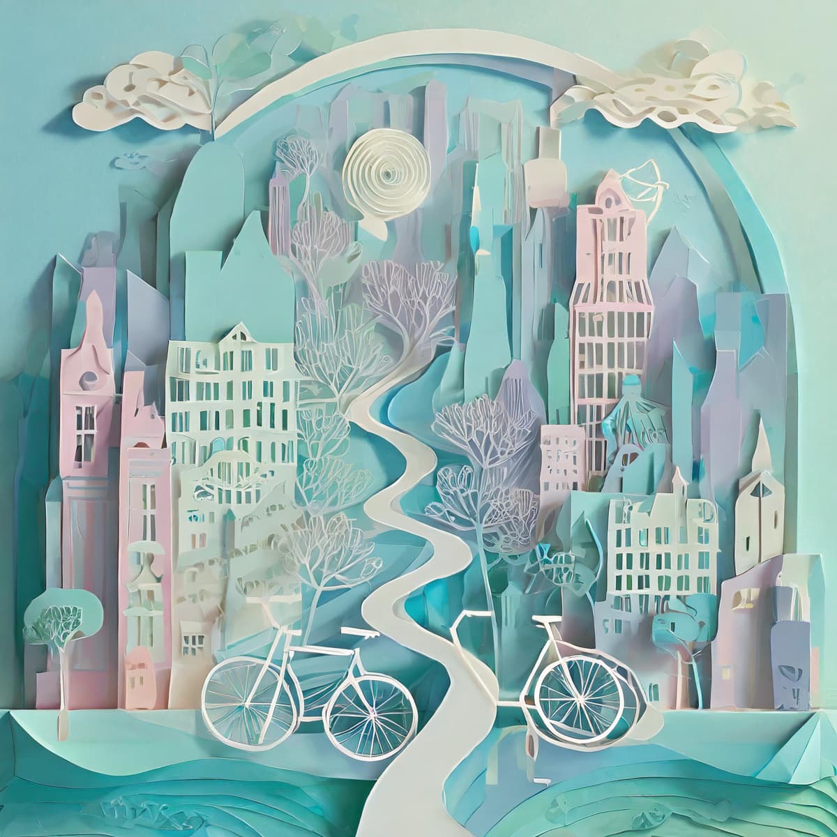 Ett pappersklipp av en stad med en cykel.