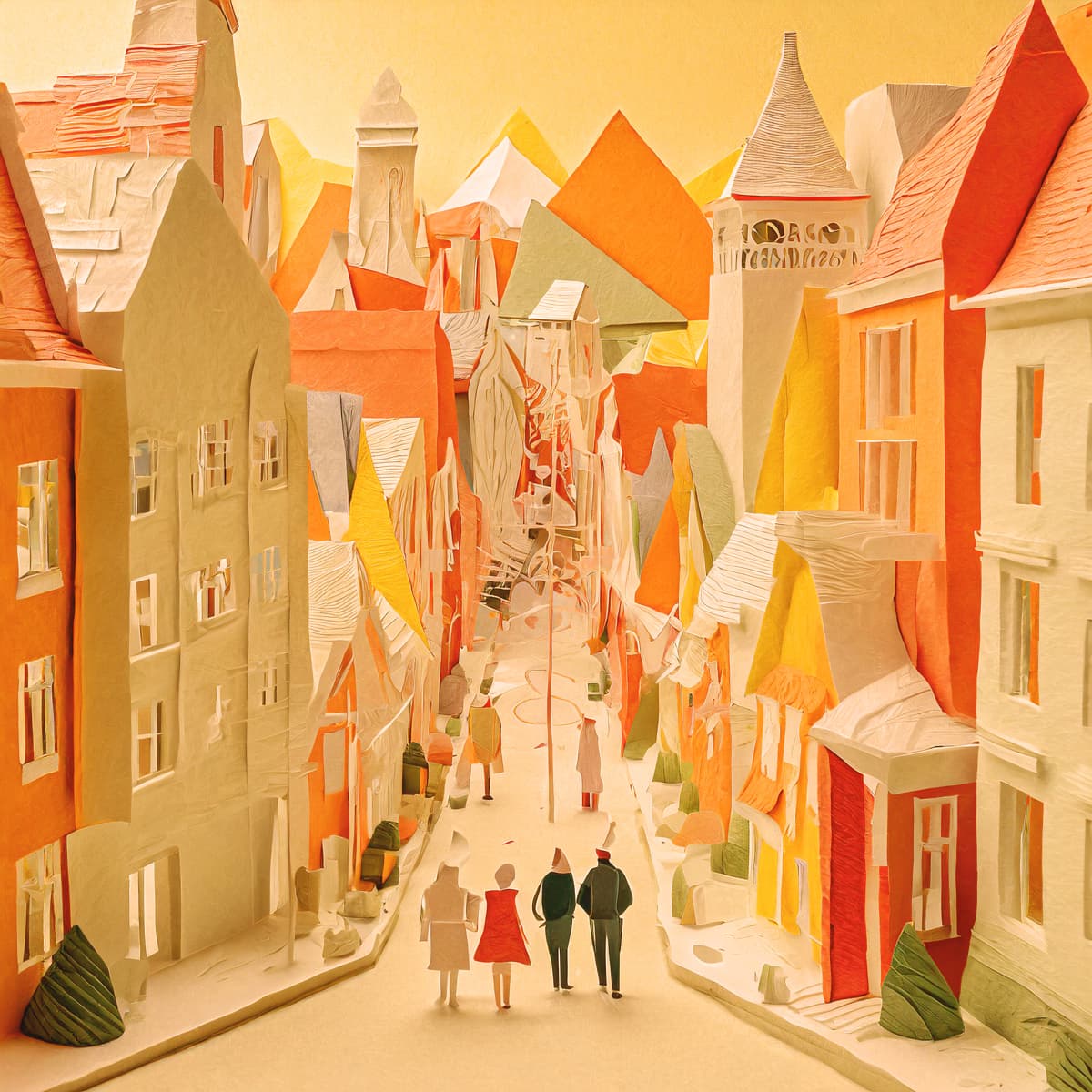 Några människor som går längs en gata bredvid höga byggnader.