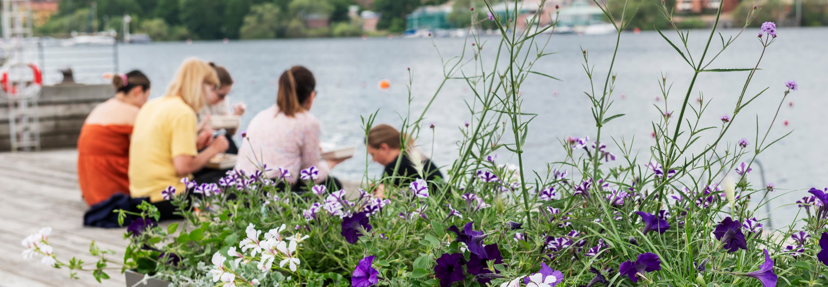 En grupp människor som sitter bredvid ett vattendrag.