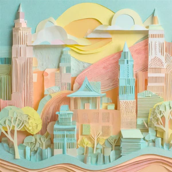 Ett pappersklipp av en stad med träd och byggnader.