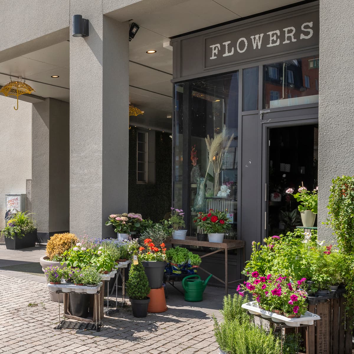 En blomsteraffär på en kullerstensgata i en stad.