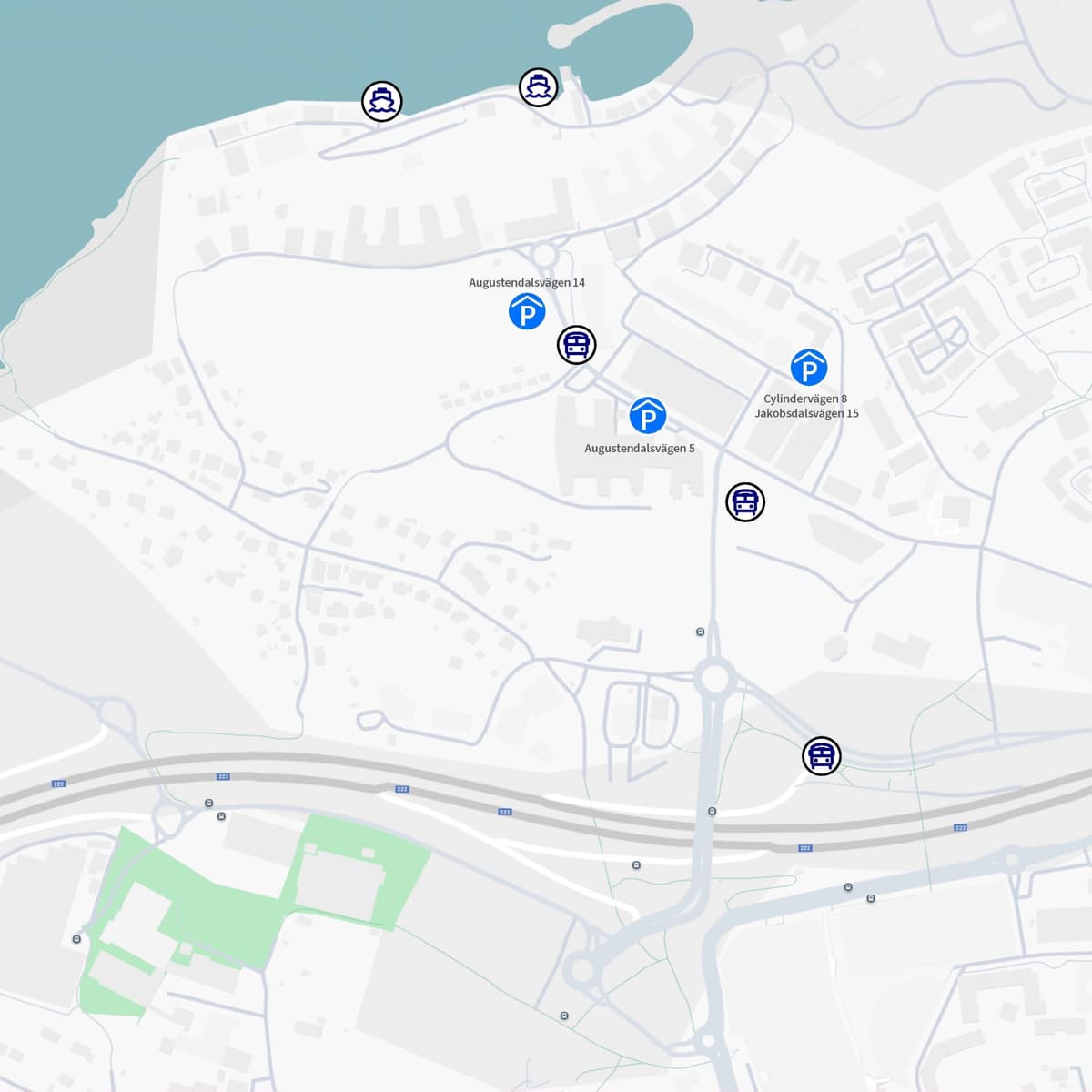 En karta över en stad med utmarkerade parkeringsmöjligheter